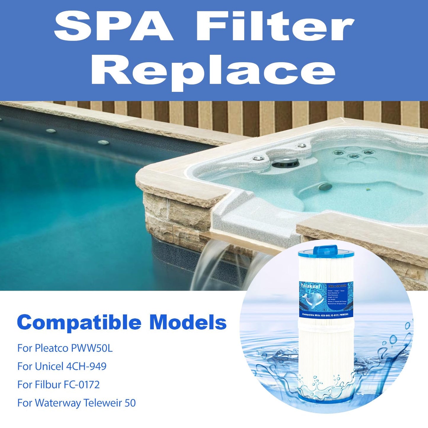 Telakeni 2 Pack 4CH-949 Spa Hot Tub Filter Compatible with Pleatco PWW50L, Unicel 4CH-949, Filbur FC-0172, SD-01143, 817-4050,AK-90091 Rising Dragon 50, Waterway Teleweir 50 sqft.