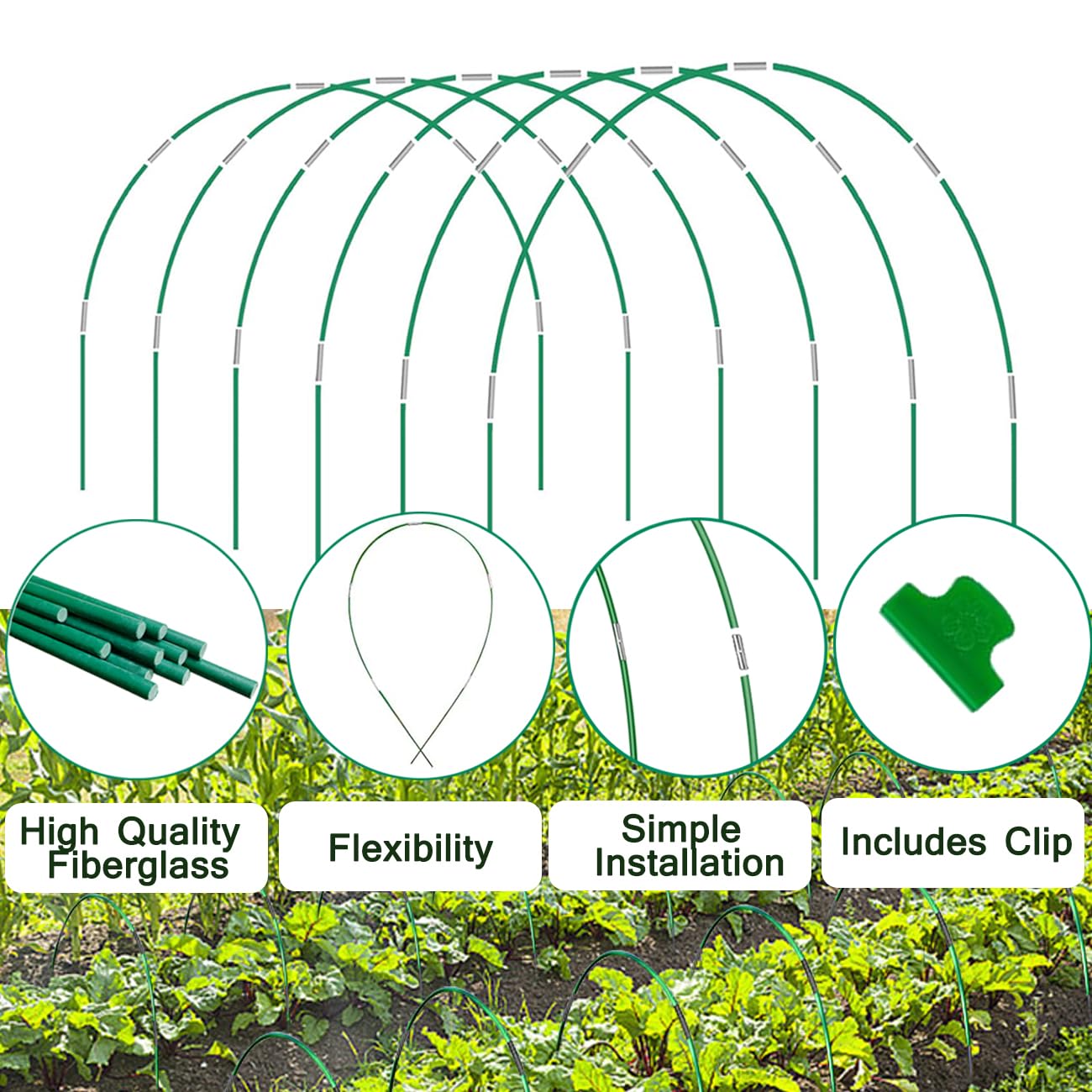 60 PCS Greenhouse Hoops Grow Tunnel, 10 Sets of 8FT Long Garden Hoops, DIY Width Grow Tunnel for Raised Beds, Fiberglass Garden Hoops Kit, Rust-Free Garden Tunnel for Garden Fabric,Garden Hoops