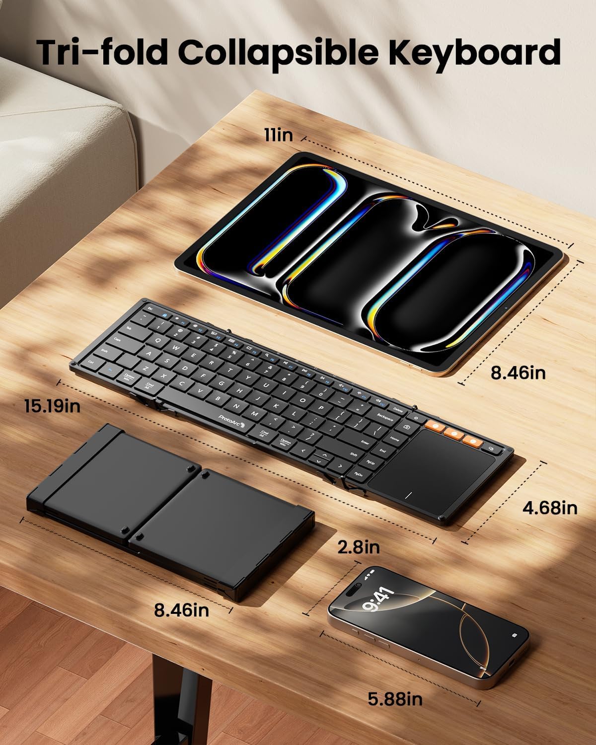 ProtoArc Foldable Bluetooth Keyboard with Touchpad, XK01 TP Portable Folding Keyboard for Travel, Full Size Keys, Large Trackpad Bluetooth Keyboard for iPad Laptop PC Tablets - Black