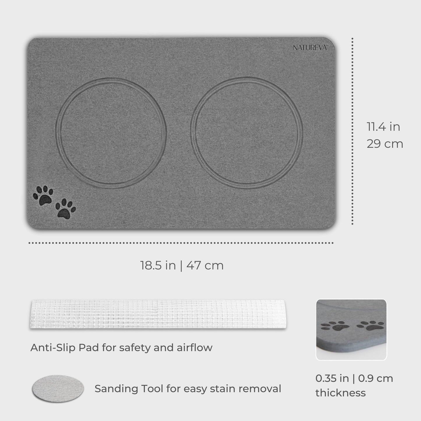 Natureva Home - Stone Pet Food Mat | Super Absorbent, Quick Drying | Diatomite Bowl Feeding Mats for Dog and Cat | Made of Natural Diatomaceous Earth | Absorbing Water Instantly | Colour Graphite