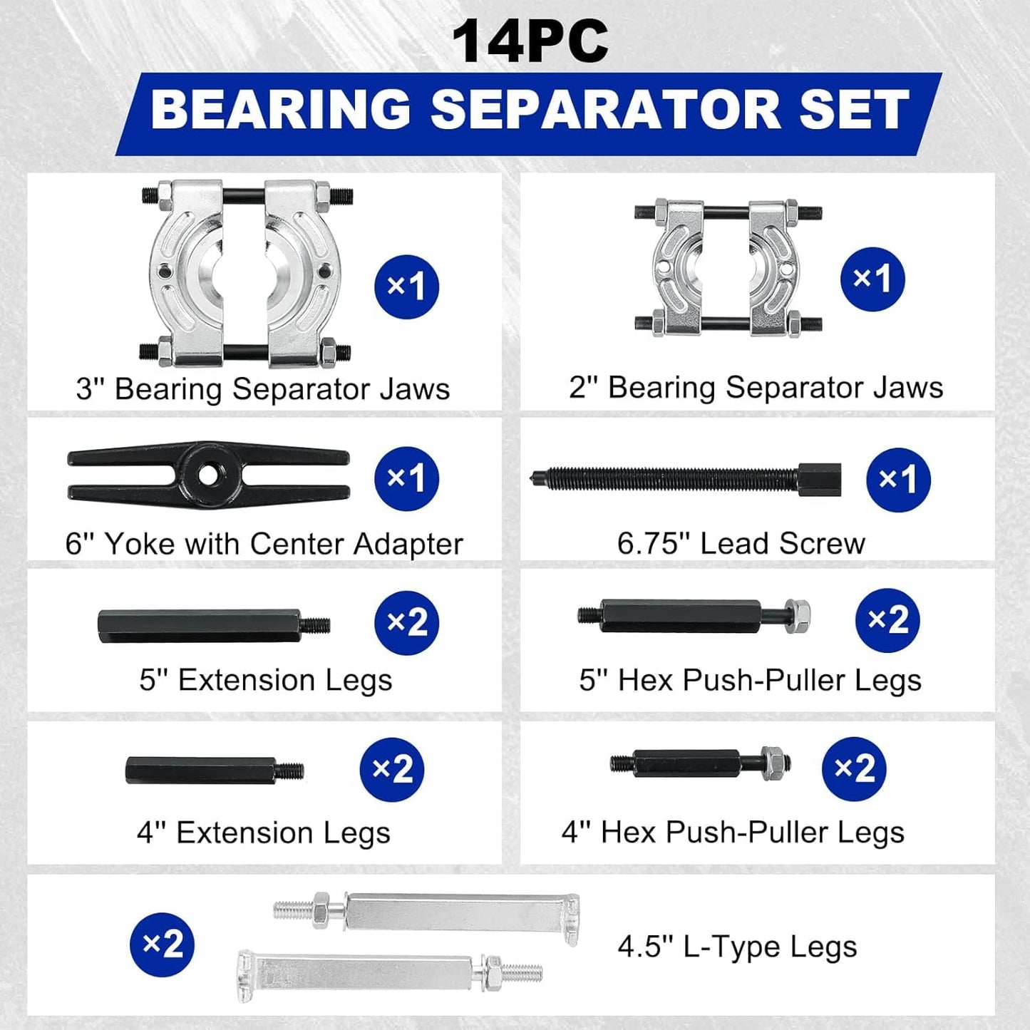 DASBET 14PCS Bearing Puller Set 5 Ton Capacity Bearing Separator Wheel Hub Axle Puller Set Pinion Wheel Bearing Removal Kit with 2" and 3" Jaws Heavy Duty Bearing Splitter Tool Kit