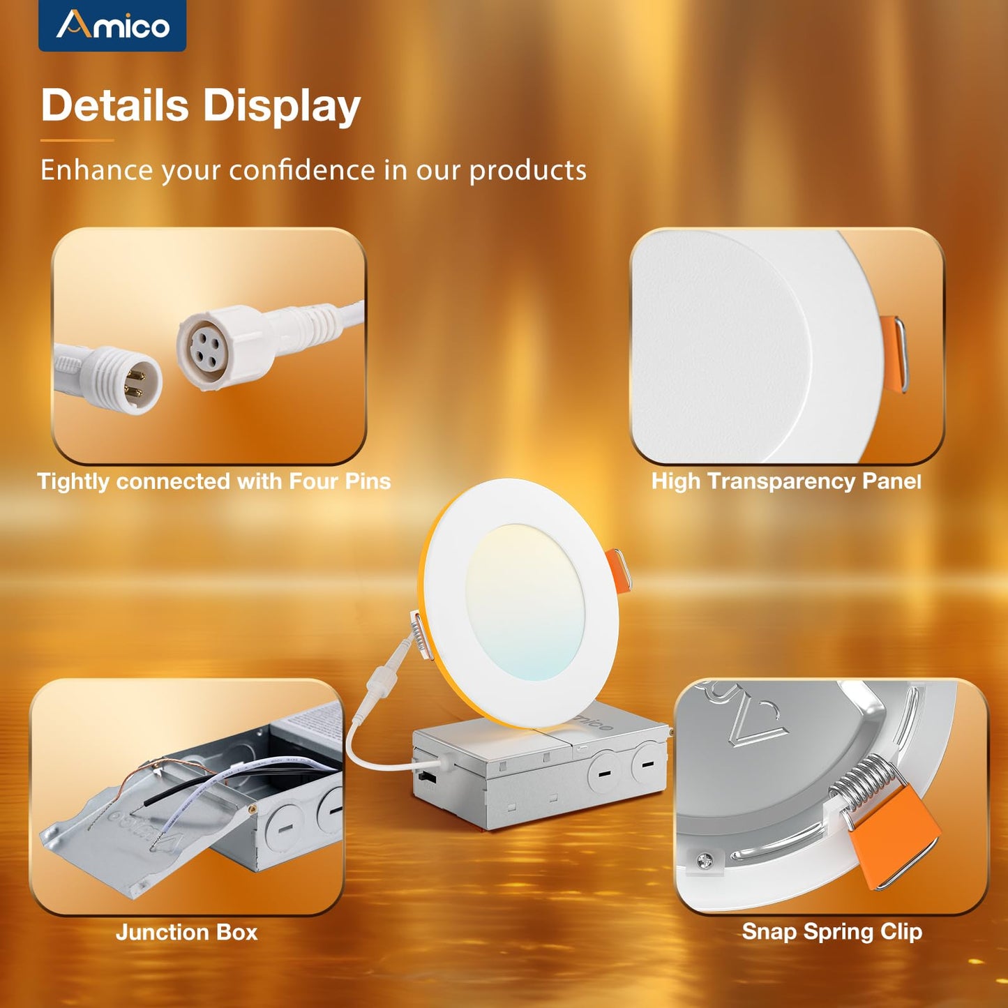 Amico 6 Pack 4 Inch 5CCT Recessed Pot Light with Night Light, 2700K/3000K/3500K/4000K/5000K Selectable, 10W 700LM Dimmable Lumiere Encastre Plafond Led, IC-Rated Light with Junction Box, ETL & FCC