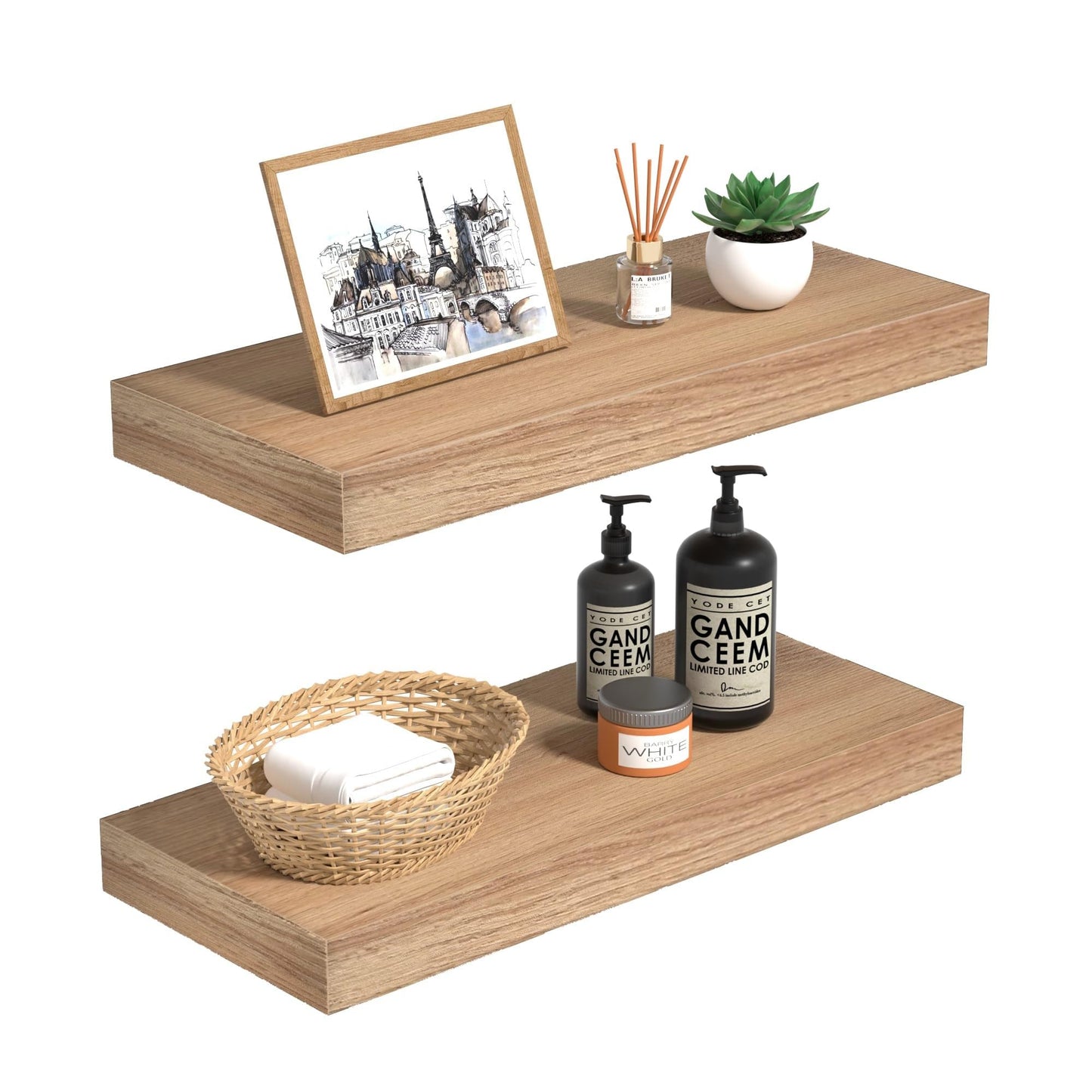 INHABIT UNION Oak Floating Shelves Wood for Wall 15.7in Wall Mounted Display Ledge Shelves Perfect for Bedroom, Bathroom, Living Room and Kitchen Decoration Storage(Set of 2)