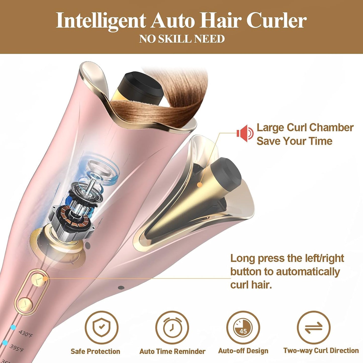 Automatic Curling Iron 1 Inch, Smart Anti-Tangle Automatic Hair Curler with 3 Temperature to 430°F, Ceramic Curling Wand, 500 Million Ionic, Dual Voltage Rotating Curling Iron for Travel, Pink