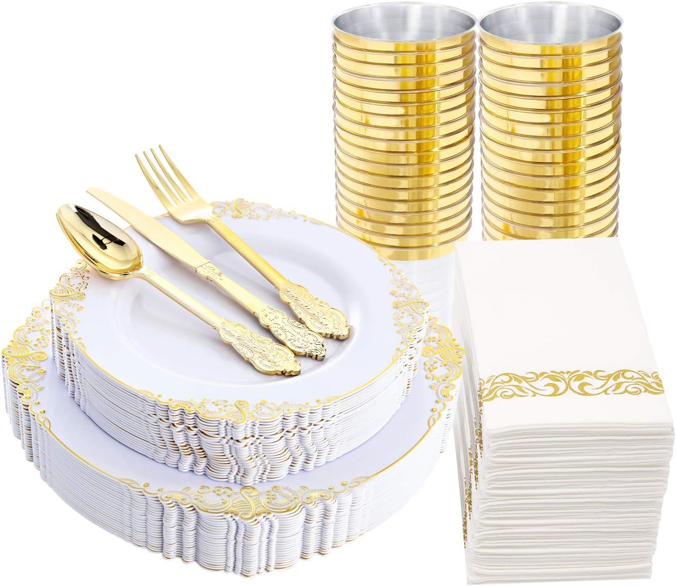 175PCS Gold Plastic Dinnerware White and Gold Plastic Plates for Party Include 25 Dinner Plates, 25 Dessert Plates, 25 Forks, 25 Spoons, 25 Knives, 25 Cups 25 Linen Napkins for Wedding, Birthday