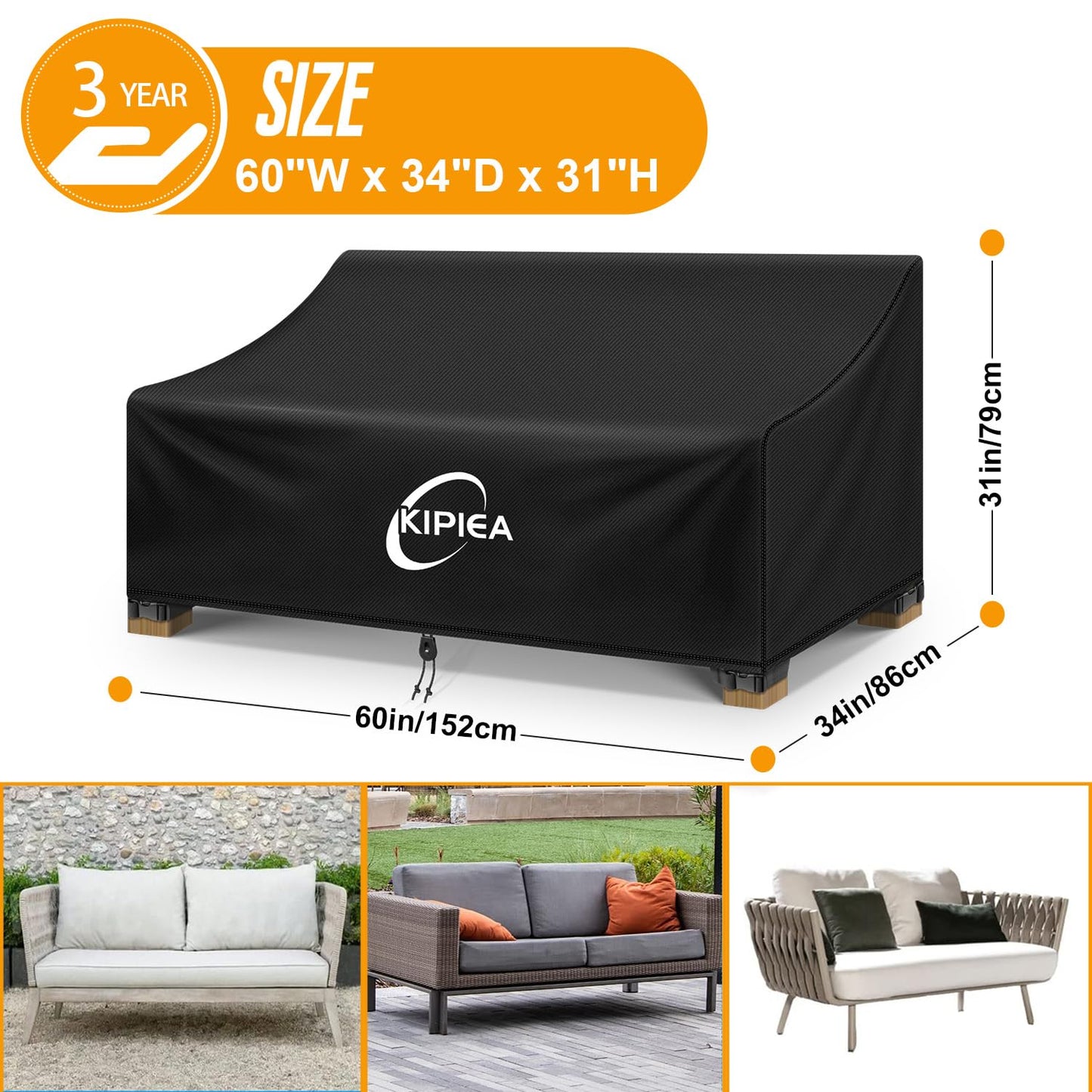 Kipiea Patio Sofa Cover Heavy Duty 420D Outdoor Couch Covers Waterproof Winter, 2-Seat Patio Furniture Cover Loveseat, Outdoor Sofa Covers with Anti UV and No Tears, No Fading (60"W x 34"D x 31"H)