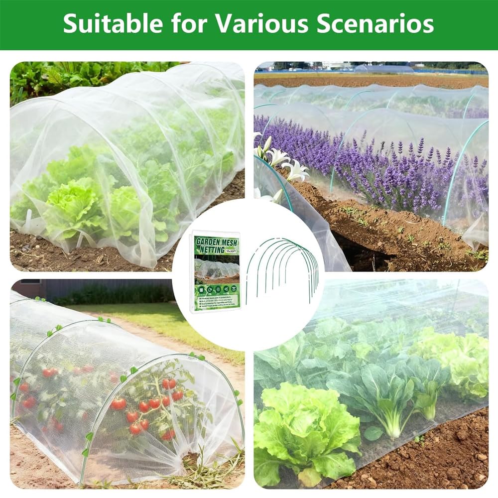 Garden Netting Kit for Raised Beds, 10x33FT Ultra Fine Mesh Netting with 6 Sets of Fiberglass Garden Hoops for Raised Beds, Vegetable Plants Fruits Flowers Birds Animals Barrier Protection Net