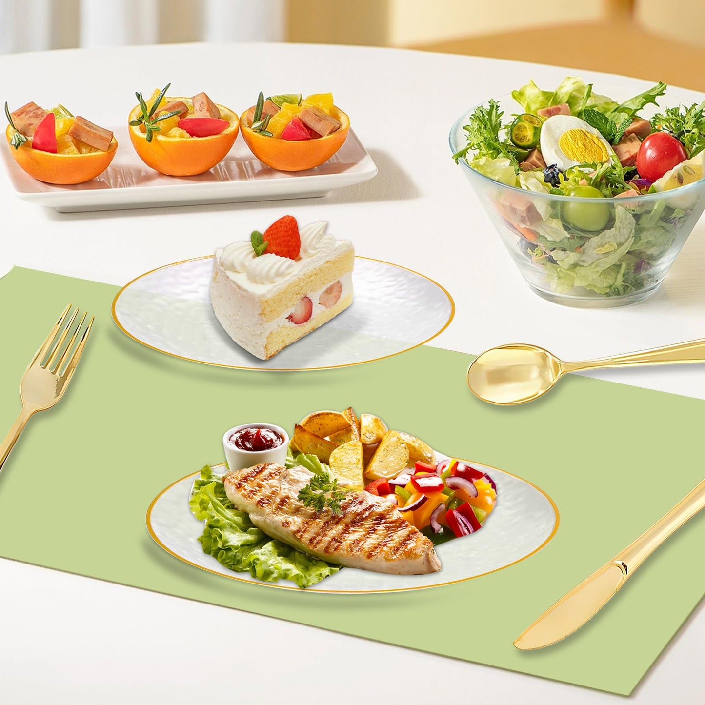 100 Pcs Hammered Plastic Plates with Gold Rim, Clear Plastic Plate 50 Disposable Heavy Duty 10 Inch Dinner Plates 50 Round 7 Inch Dessert Salad Plate for Party Wedding