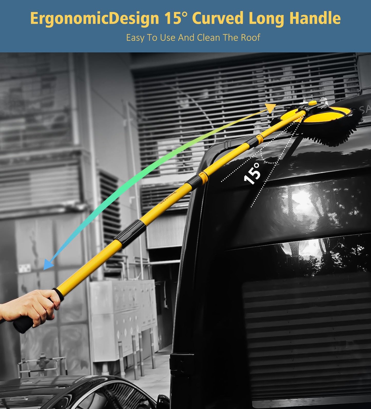 YeewayVeh 140cm 55" Car Wash Brush Mop with Long Handle, 15° Curved Car Wash Cleaning Kit Extendable Microfiber Sponge with Storage Bag for Truck RV Camper Cleaning (2 x Mop Head Cover)