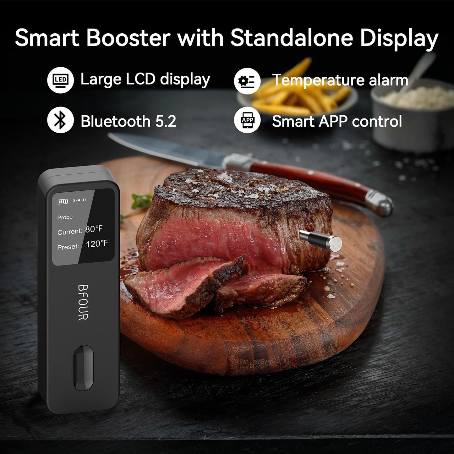 BFOUR Meat Thermometer Wireless with LCD Booster, 524FT Bluetooth Meat Cooking Thermometer, Smart App Remote Monitoring, Wireless Meat Thermometer for BBQ, Oven, Grill Smoker, Rotisserie