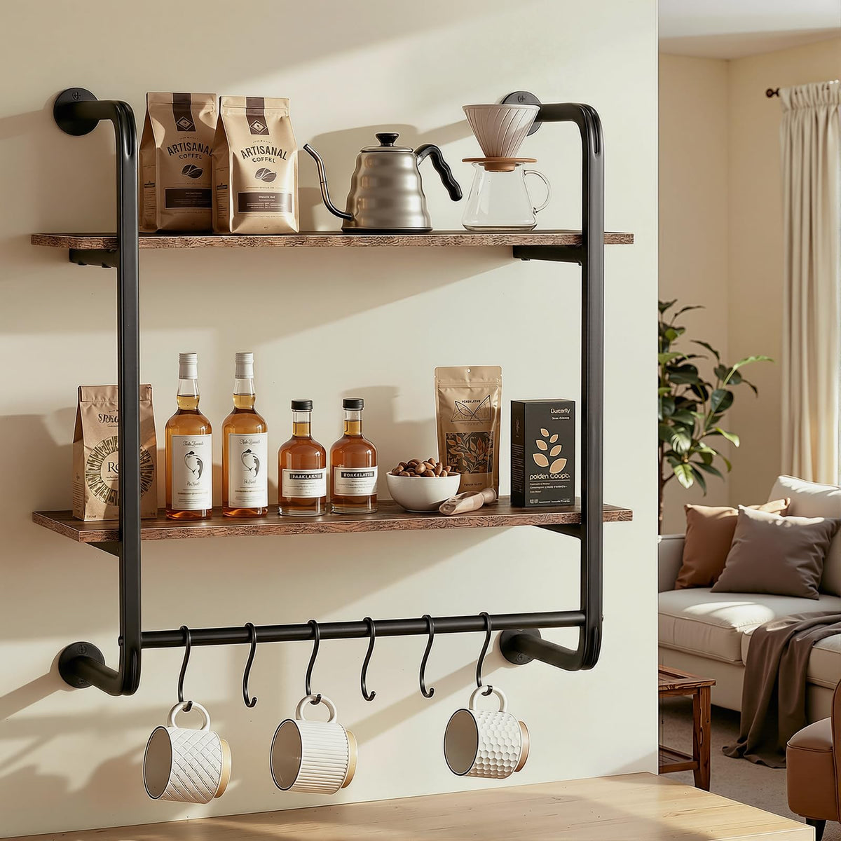 Kssiaz 2 Tier Industrial Pipe Floating Shelf, 24" Kitchen Wall Shelves with Towel Bar & 6 Hooks, Coffee Bar Shelves Display Bookshelf Wall Shelf for Kitchen, Bathroom, Home Décor, Rustic Brown