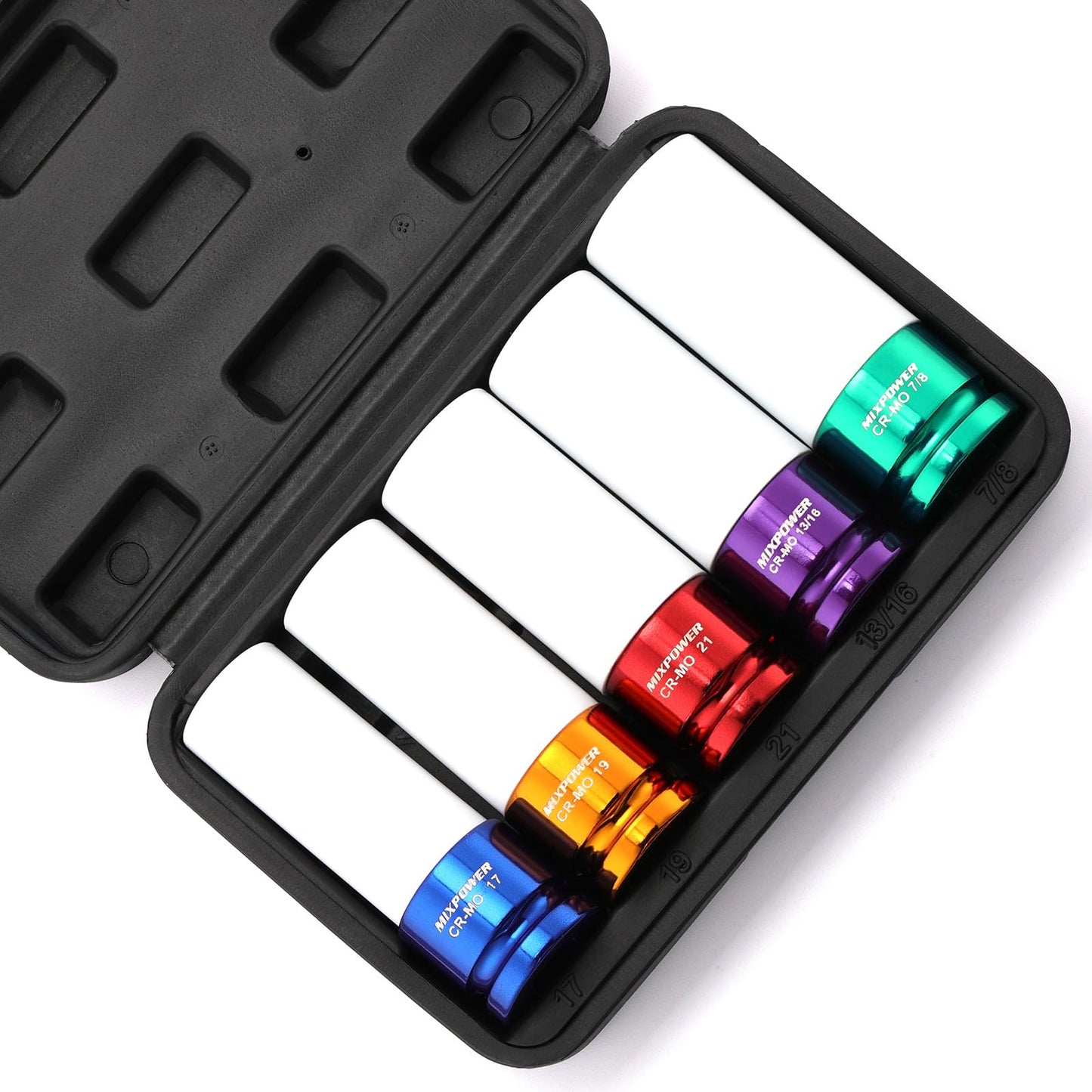 MIXPOWER 5 Pieces 1/2" Drive Wheel Protector Impact Socket Set, CR-MO, Metric/SAE, Thin Wall Deep Impact Socket Set, 6 Point, Color-Coded, 17mm, 19mm, 21mm, 13/16", 7/8"