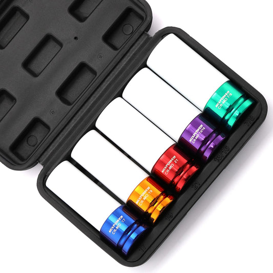 MIXPOWER 5 Pieces 1/2" Drive Wheel Protector Impact Socket Set, CR-MO, Metric/SAE, Thin Wall Deep Impact Socket Set, 6 Point, Color-Coded, 17mm, 19mm, 21mm, 13/16", 7/8"