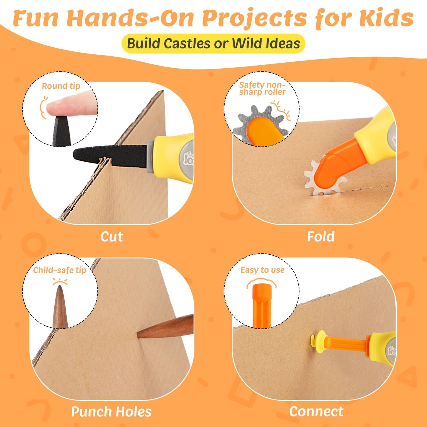 Cardboard Cutter Tools for Kids - 153 Pcs Kids Safe Cardboard Cutter with Saws, Fold-Roller, Cut Resistant Gloves, Tape Measure & More, Construction Toys Kit for 5+ Boys and Girls