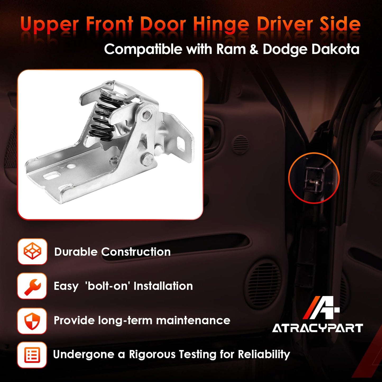Upper Door Hinge Driver Side Left LH, Compatible with 1994-2002 Ram 1500 2500 3500, 1997-1998 Dodge Dakota Replace OE# 55075957AC