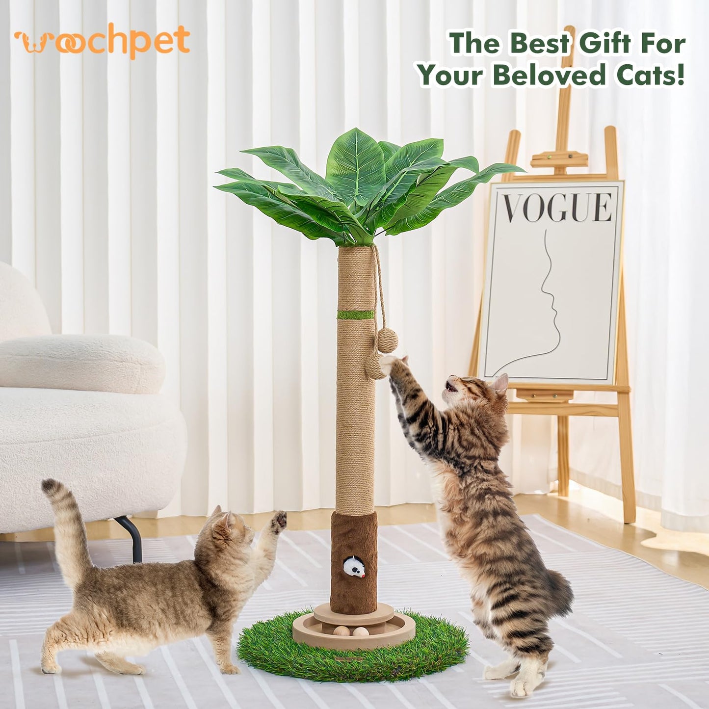 Cat Scratching Post, 35.4 Inch Tall Cat Scratching Post for Indoor Cats with Cat Toy, Mouse Hole and Interactive Wooden Ball for Kittens, Adults, Cats