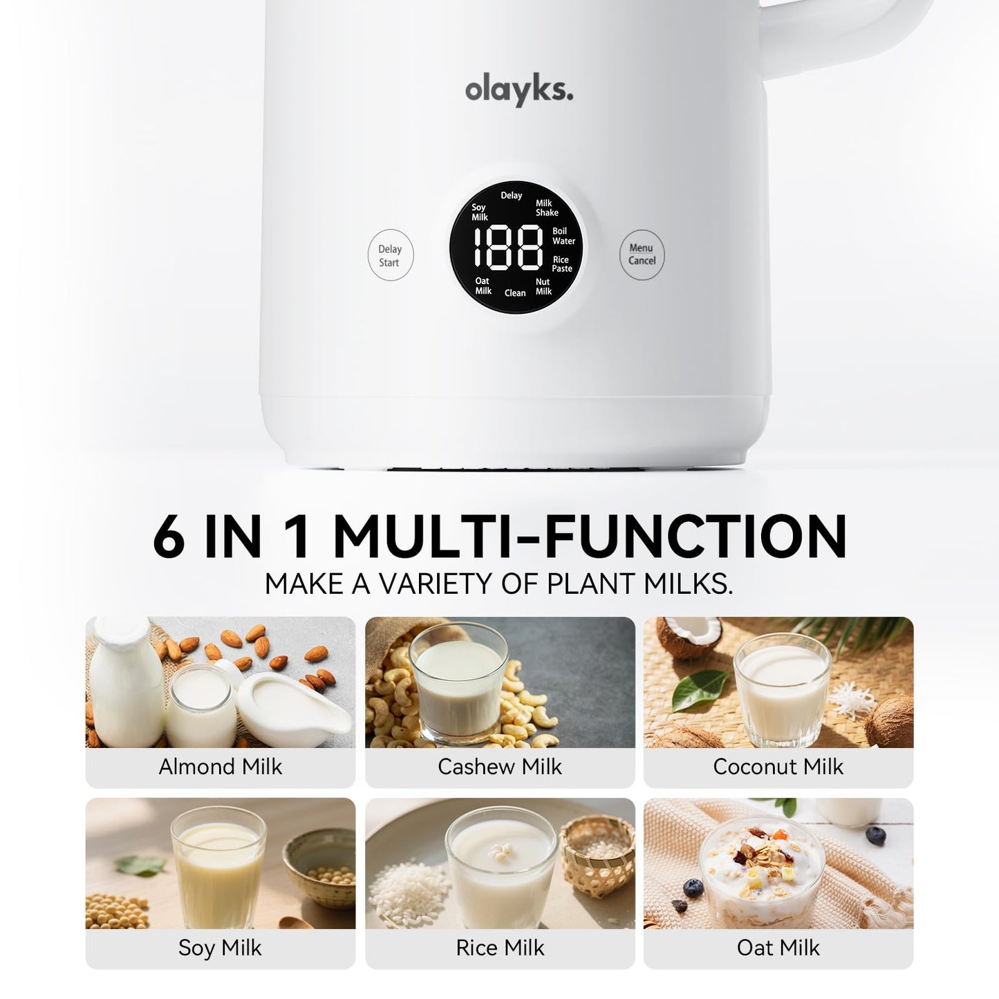 olayks 6 in 1 Automatic Nut Milk Maker Blender, 20oz Homemade soy milk maker for Plant-Based Milk, Coconut, Soy, Oat, Almond & Non-Dairy Beverages with Delay Start/Keep Warm/Boil Water/Self-Cleaning