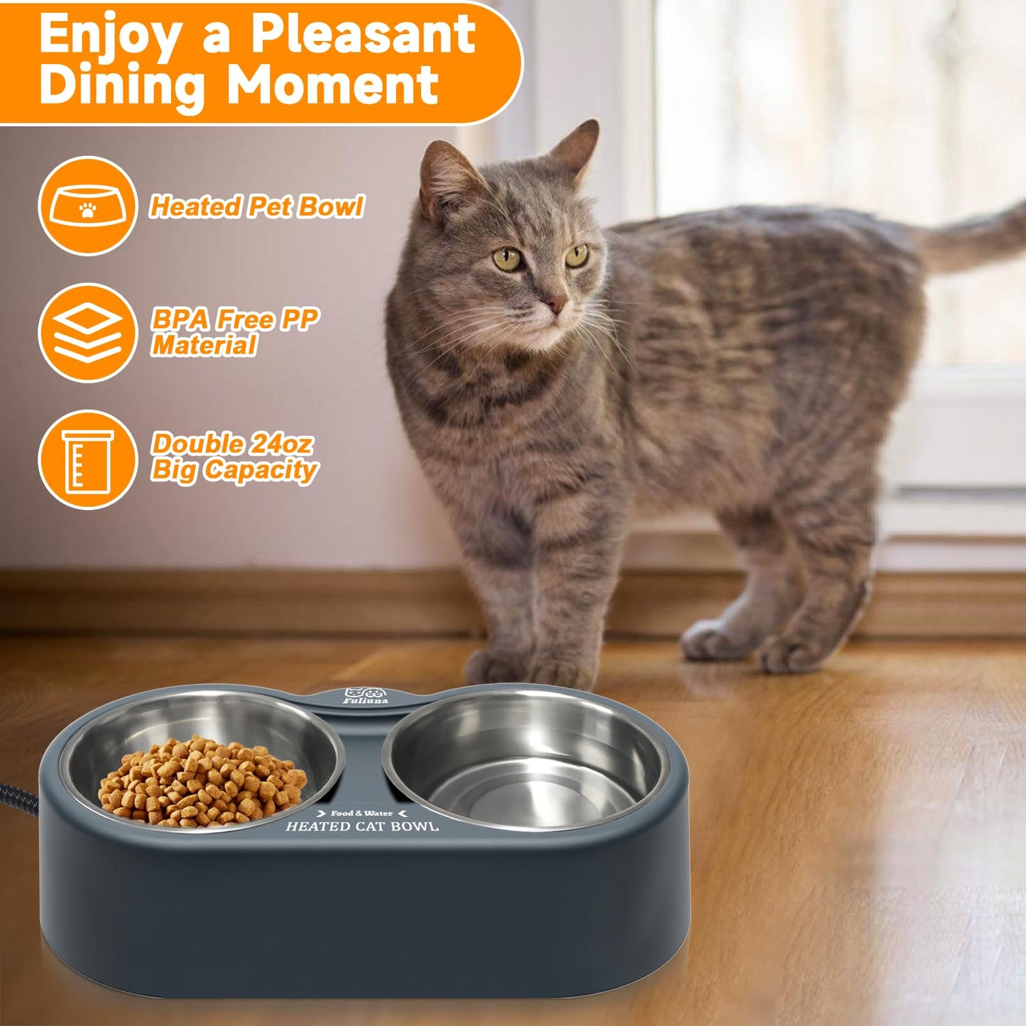Fuliuna Heated Cat Bowl, Outdoor Heated Pet Bowl with Double Stainless Steel Bowl 24 OZ, Water Food Bowl for Cat Pet, Thermal Pet Bowl Provide Drinkable Water and Hot Food in Winter