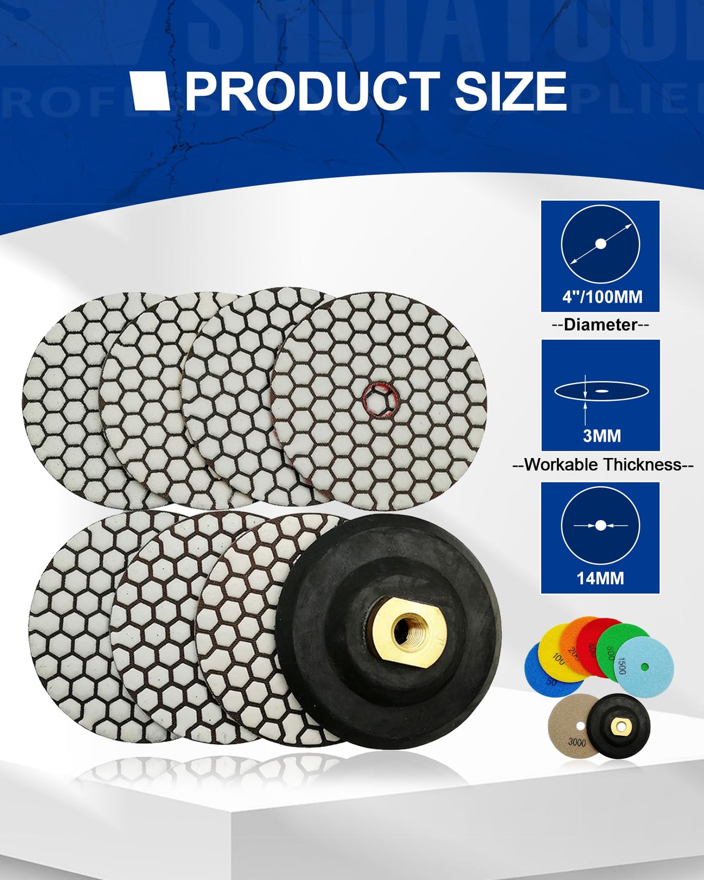 SHDIATOOL Dry Diamond Polishing Pads 4 Inch Set of 7 Pieces Plus a Rubber Backer for Granite Marble Stone Sanding Pads Grinding Pads
