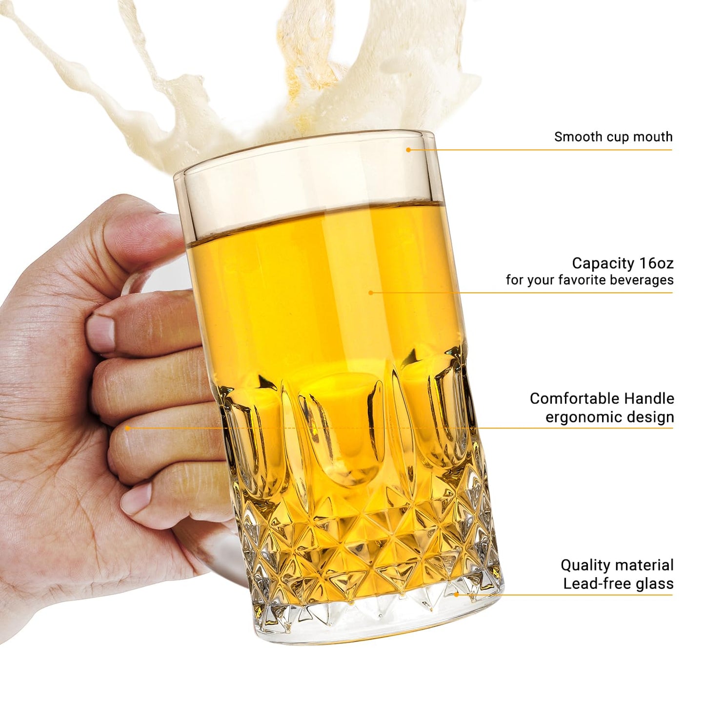 Whisquor Beer Mug Set of 4, 22oz Large Heavy Glass Beer Mugs with Handle, Clear Freezer Beer Glasses for Tea, Coffee, Best Gifts for Husband or Friend