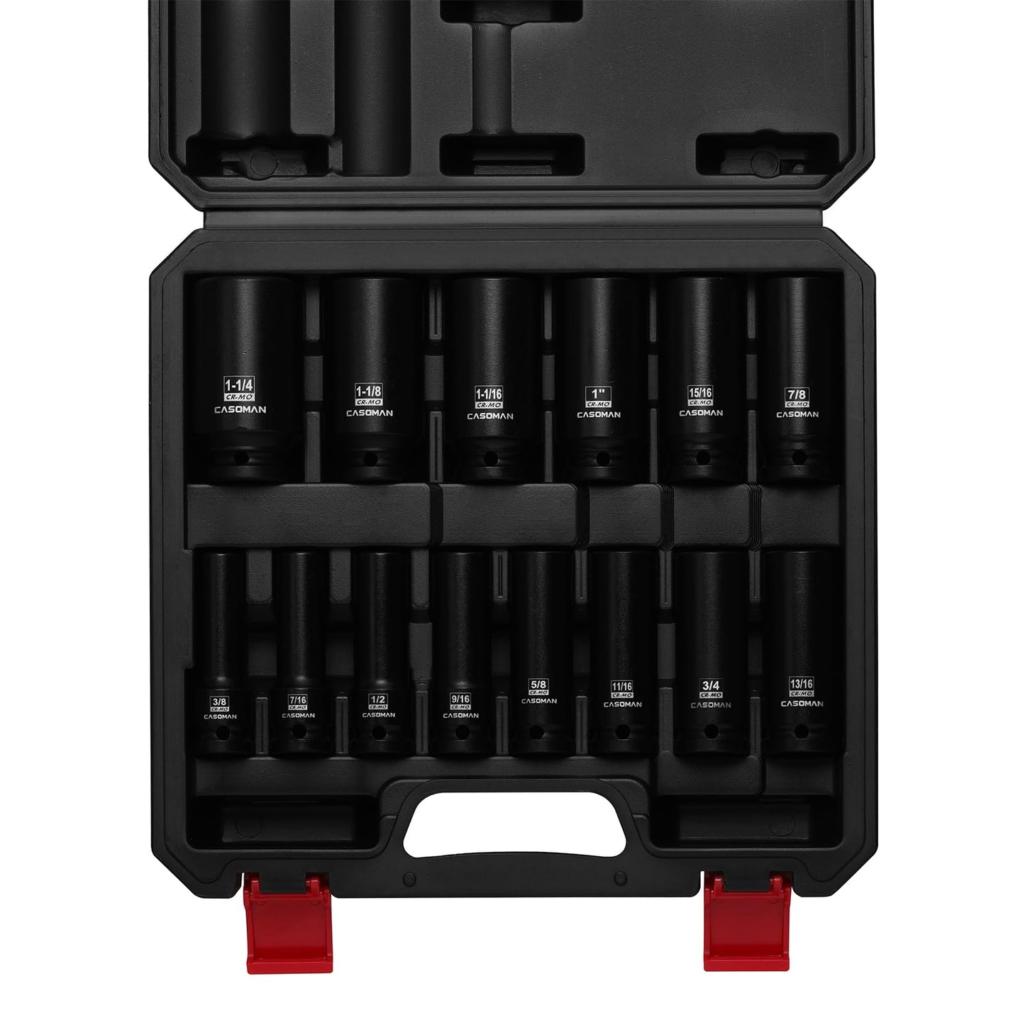 CASOMAN 14PCS 1/2" Drive Deep Impact Socket Set, SAE, 6-Point, CR-MO, 3/8" to 1-1/4", for Auto Repair, Mechanic, with Portable Case, Easy-to-Read Size Markings, Rugged Construction