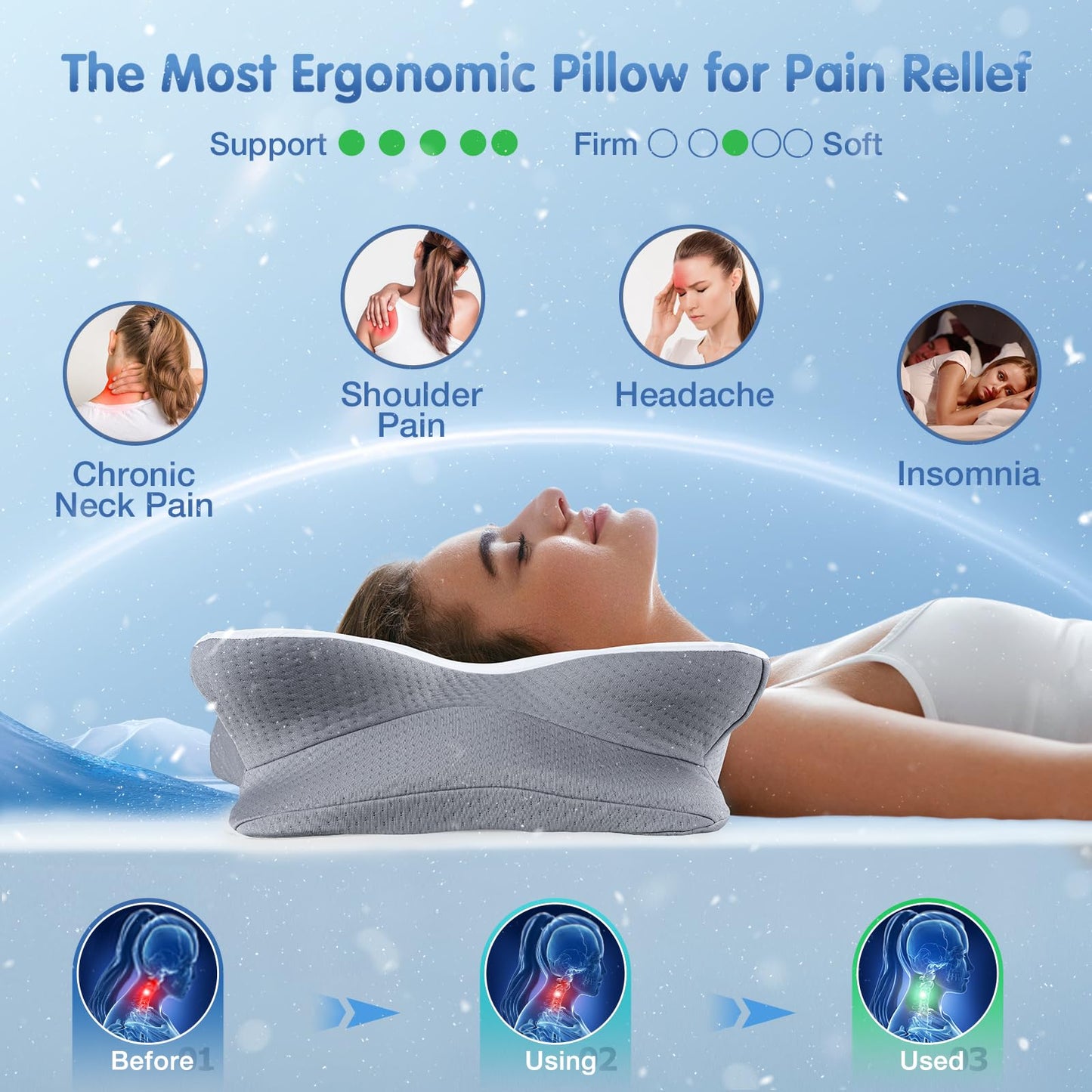 Vuteehy Cervical Pillow for Neck Pain Relief, Memory Foam Cooling Pillow Ergonomic Neck Support Pillows for Side, Back, Stomach Sleepers - Odorless & Breathable, Drak Grey