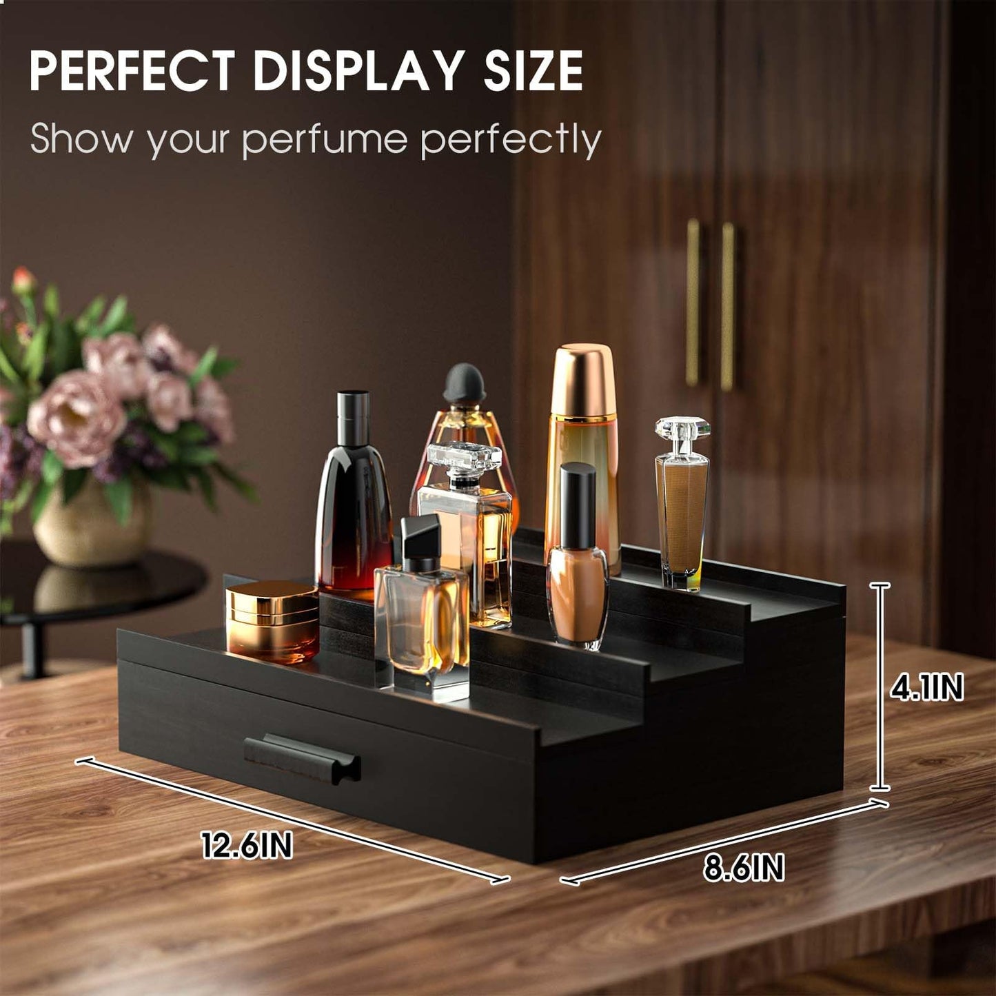 Wooden Cologne Organizer for Men, 3 Tier of Elevated Cologne Display Shelf with Drawer Storage, Perfume Organization and Storage Display Risers,Great Gift for Man (Black)