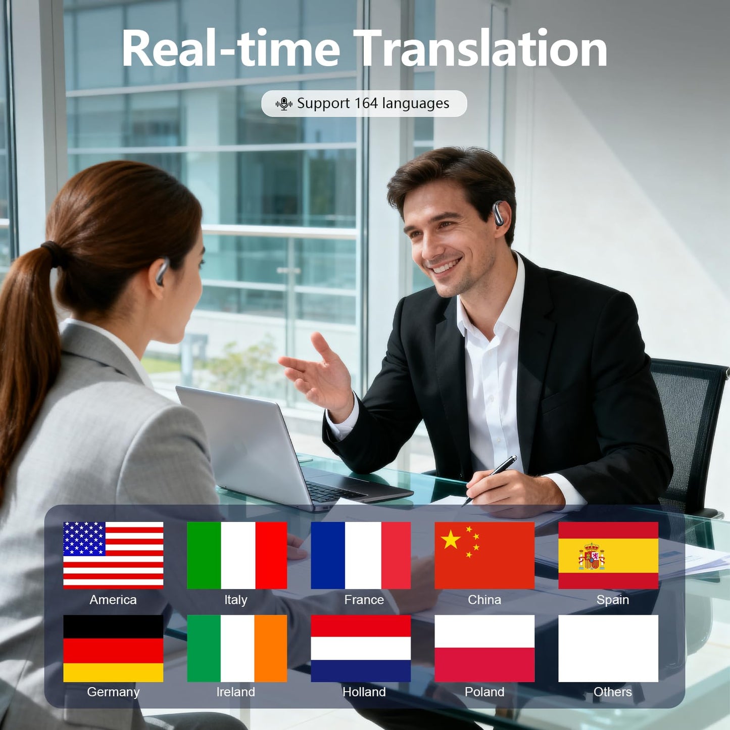 AI Language Translator Earbuds Real Time, 164 Language/3-in-1 Translating Device Headphones, Audífonos Traductores Inglés Español, Bluetooth 5.4 Translation Device for Travel Business Learning, Black