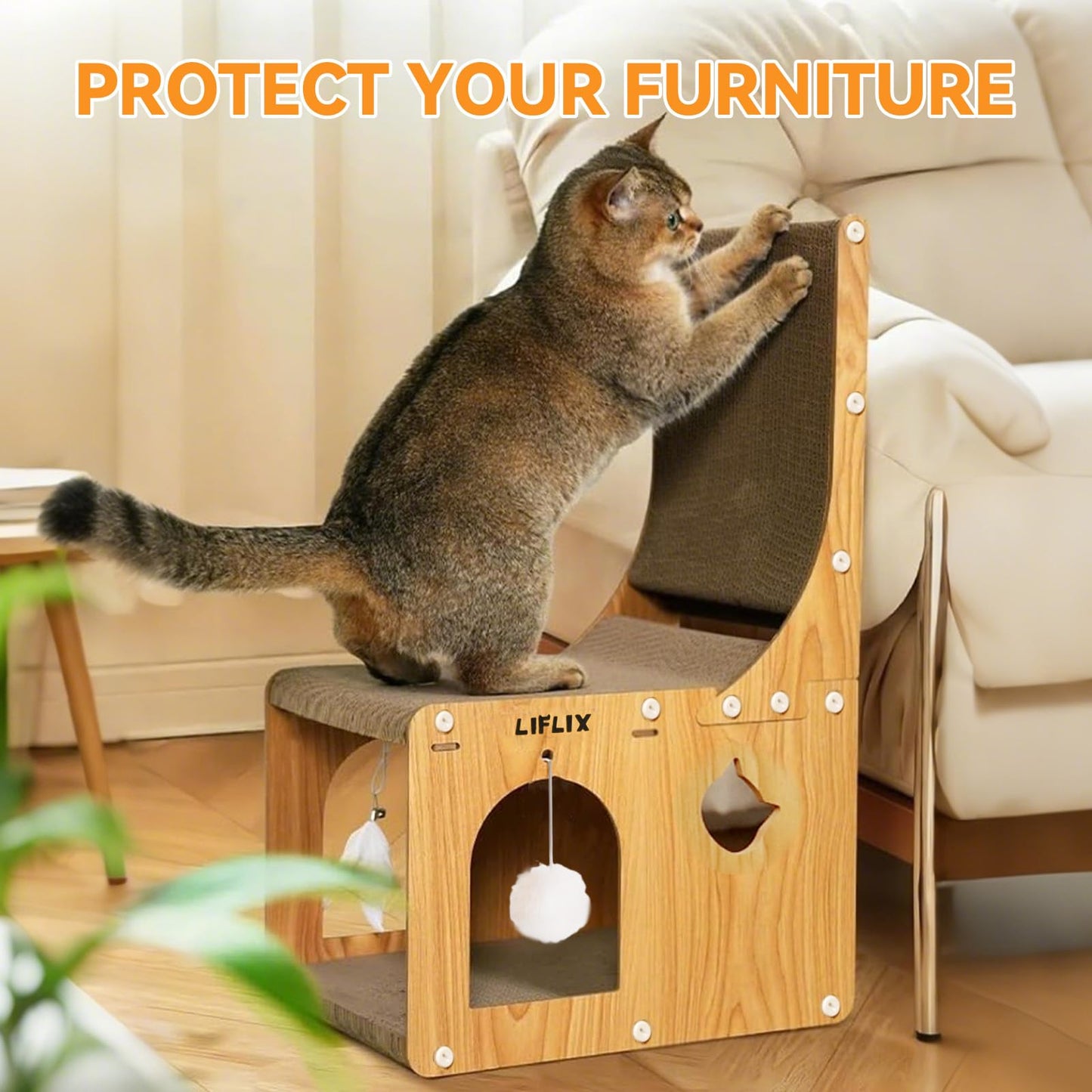 LIFLIX Double-Layer L-Shaped cat Scratching Board, Cardboard cat Scratching Post with Toys, Hideaway & Cat Scratcher for Indoor Cats to Scratch, Rest, Play