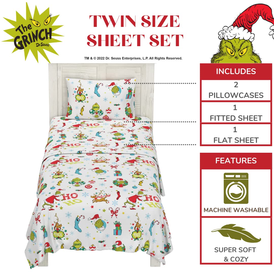 Franco Grinch by Dr. Seuss Holiday & Christmas Bedding Super Soft 100% Cotton Flannel Sheet Set, 3 pcs, Twin, (Official Dr. Seuss Product)