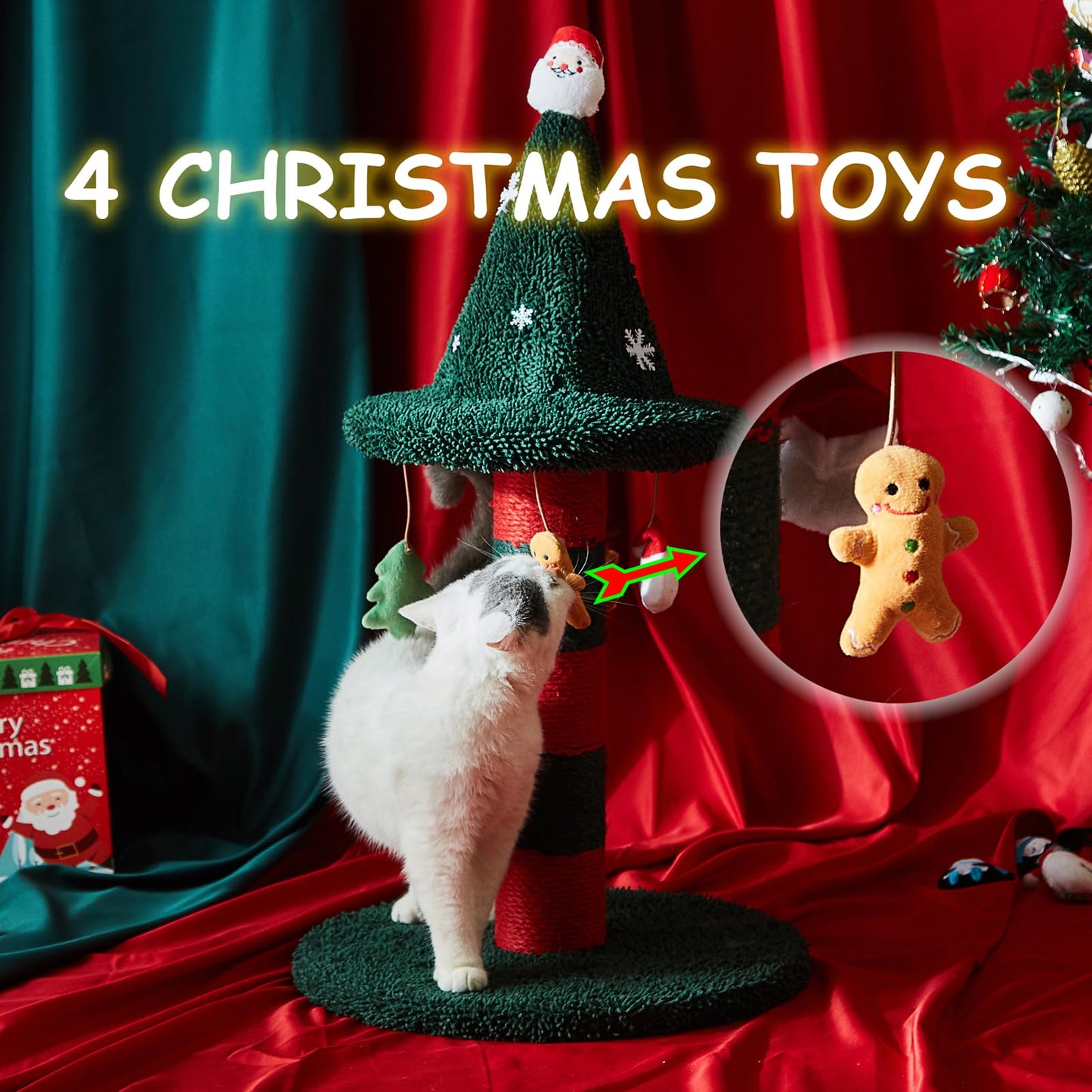 LUCKITTY Cat Scratching Post with 4 Hanging Plush Toy - Christmas Tree Alternative Give Your Cat a Toy and Scratching Post in One with This Ultimate Tree 30 * 15 Inch Red Green