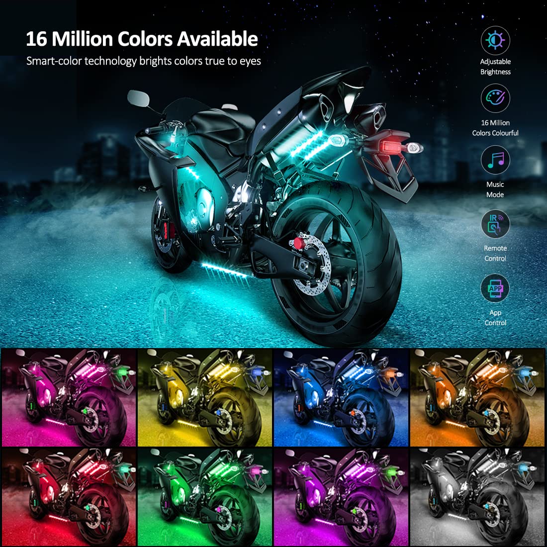 MAODANER 12pcs Motorcycle underglow LED Light Kit, RGB Motorcycle LED Interior Strip Lights with Music Mode, Brake Light Function Waterproof Motorcycle Accessories - Wireless APP Control, DC 12V