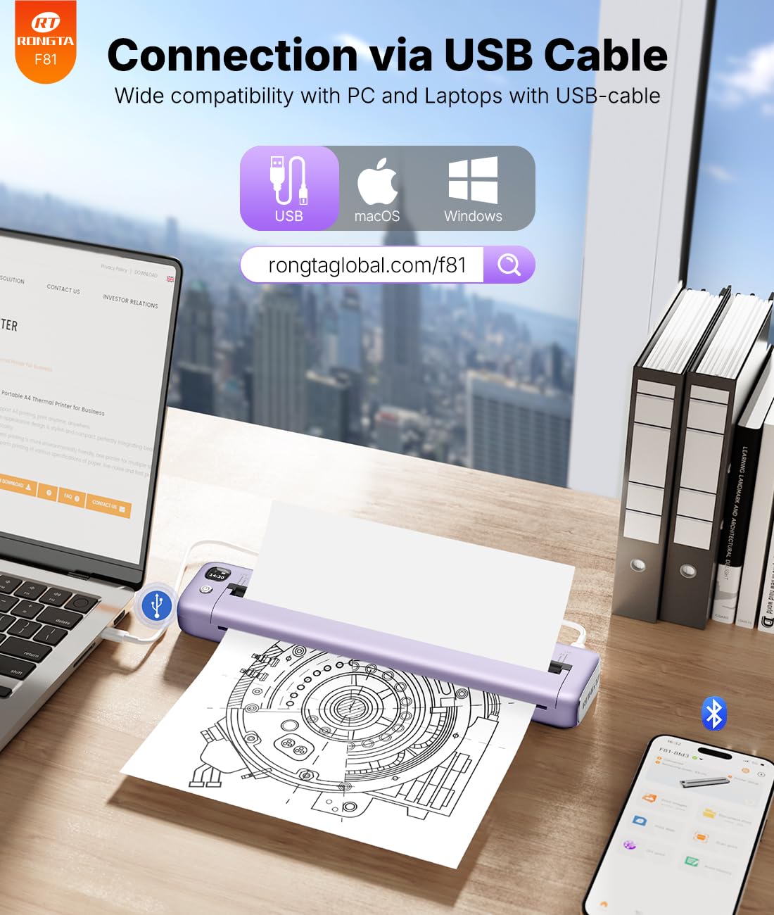 Rongta Portable Printer Wireless for Travel, Inkless Thermal Printer, Compatible with Android,iOS & Laptop, Small Bluetooth Mobile Printer for School/Office/Home Use (Purple)
