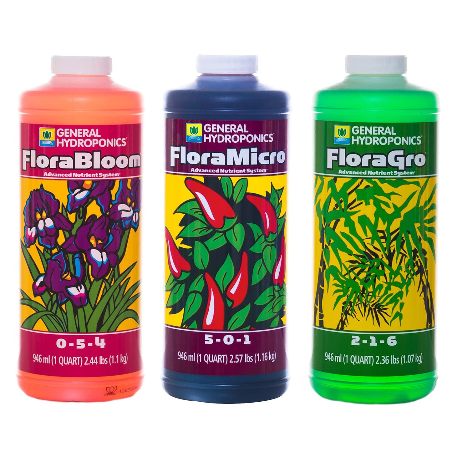 General Hydroponics Flora Grow, Bloom, Micro Combo Fertilizer, 1 Quart Each