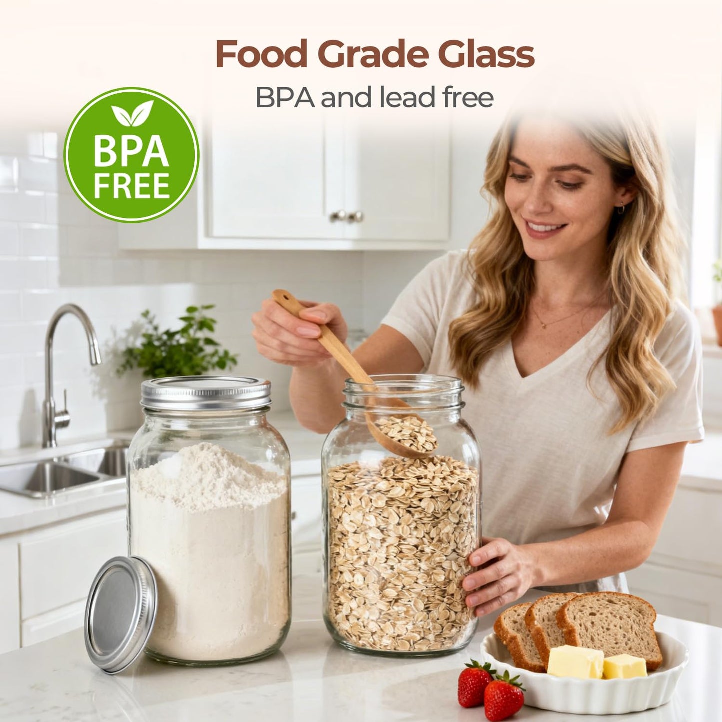 ComSaf 1 Gallon Mason Jars 2 Pcs, 128 oz Glass Jars with Lids, Flour Sugar Storage Containers, Large Glass Containers for Pickles, Fermented Food, Sourdough Starter, Food Storage, Homemade Drinks