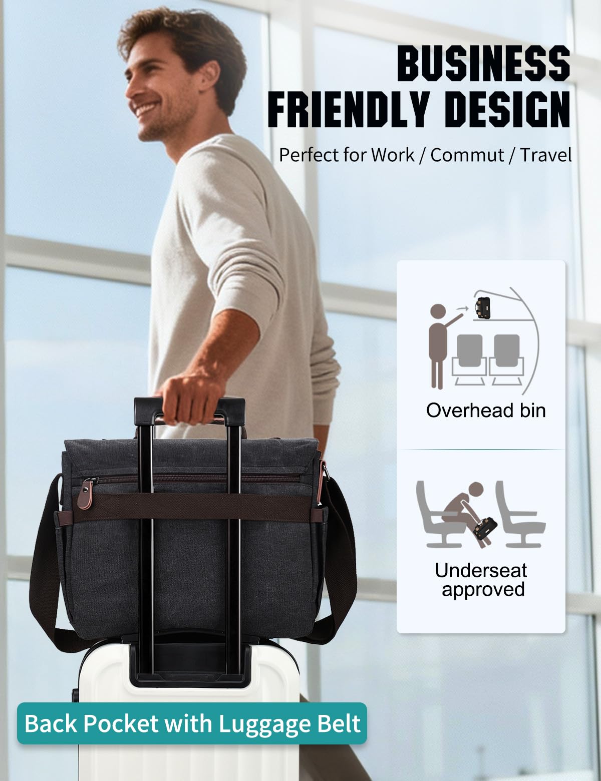 RAVUO Messenger Bag for Men, Water-Resistant Canvas Satchel Briefcase, Fits 15.6 Inch Laptop, Padded Strap, Large Capacity Laptop Bag for Work, Business, College-Black