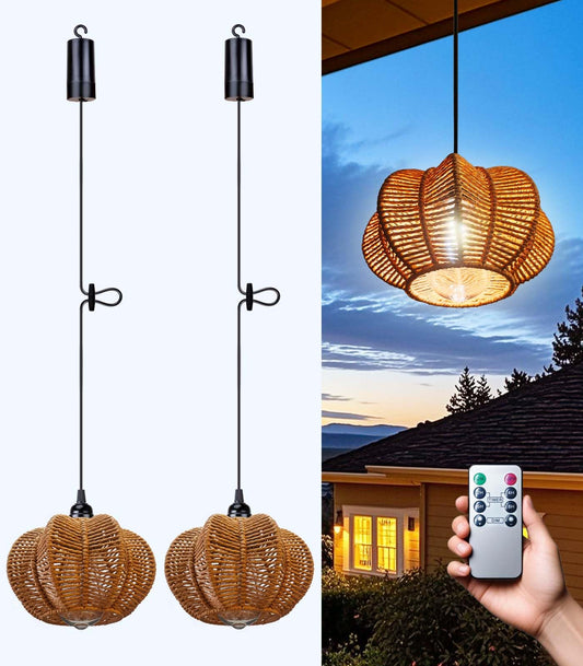 Battery Operated Chandelier Outdoor Waterproof, Gazebo Lights Battery Powered, Boho Rattan Hanging Pendant Light for Porch, Patio, Pergola, Garden, Balcony (2 Pack)