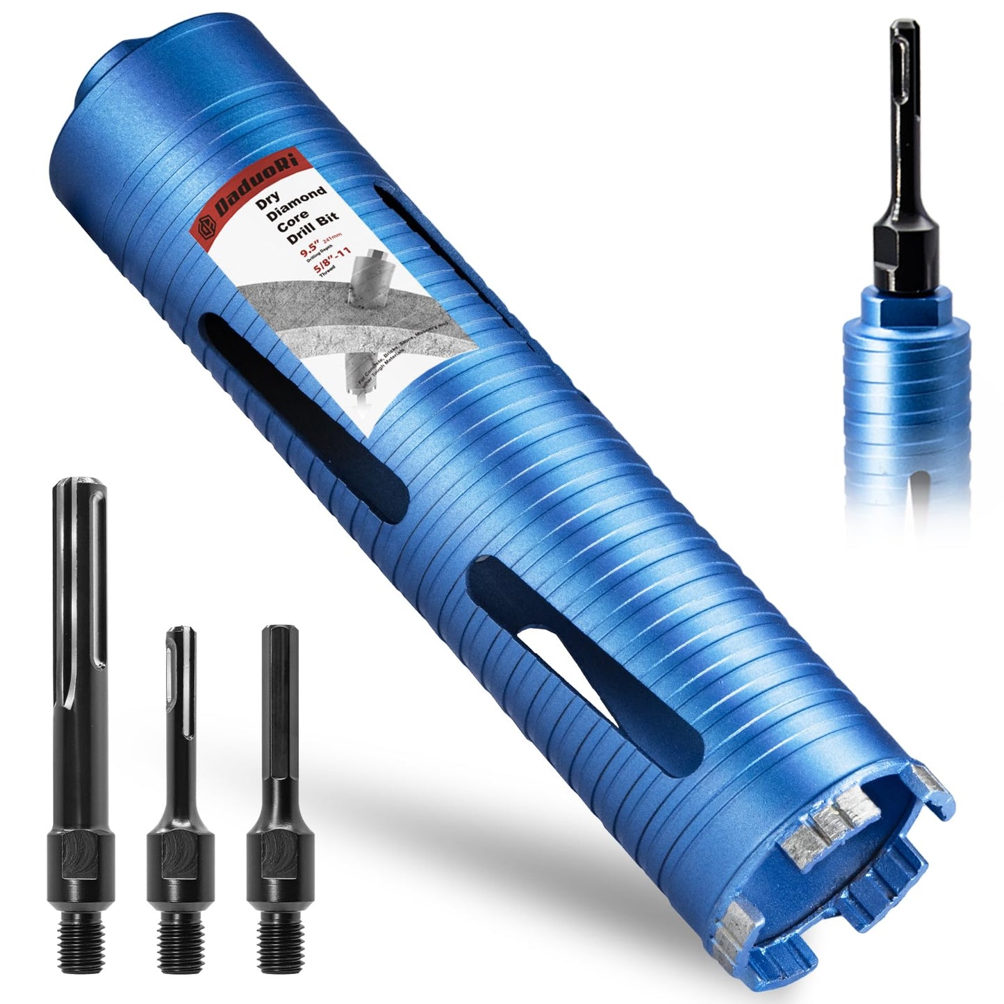 DaduoRi 2 1/2" Dry Core Drill Bit, 5/8"-11 Thread, with 3 Adapters Included: SDS Plus, SDS Max and 1/2" Hex Shank; 9.5" Drill Depth, 2.5 inch Diamond Core Bits for Concrete Brick Block and Masonry