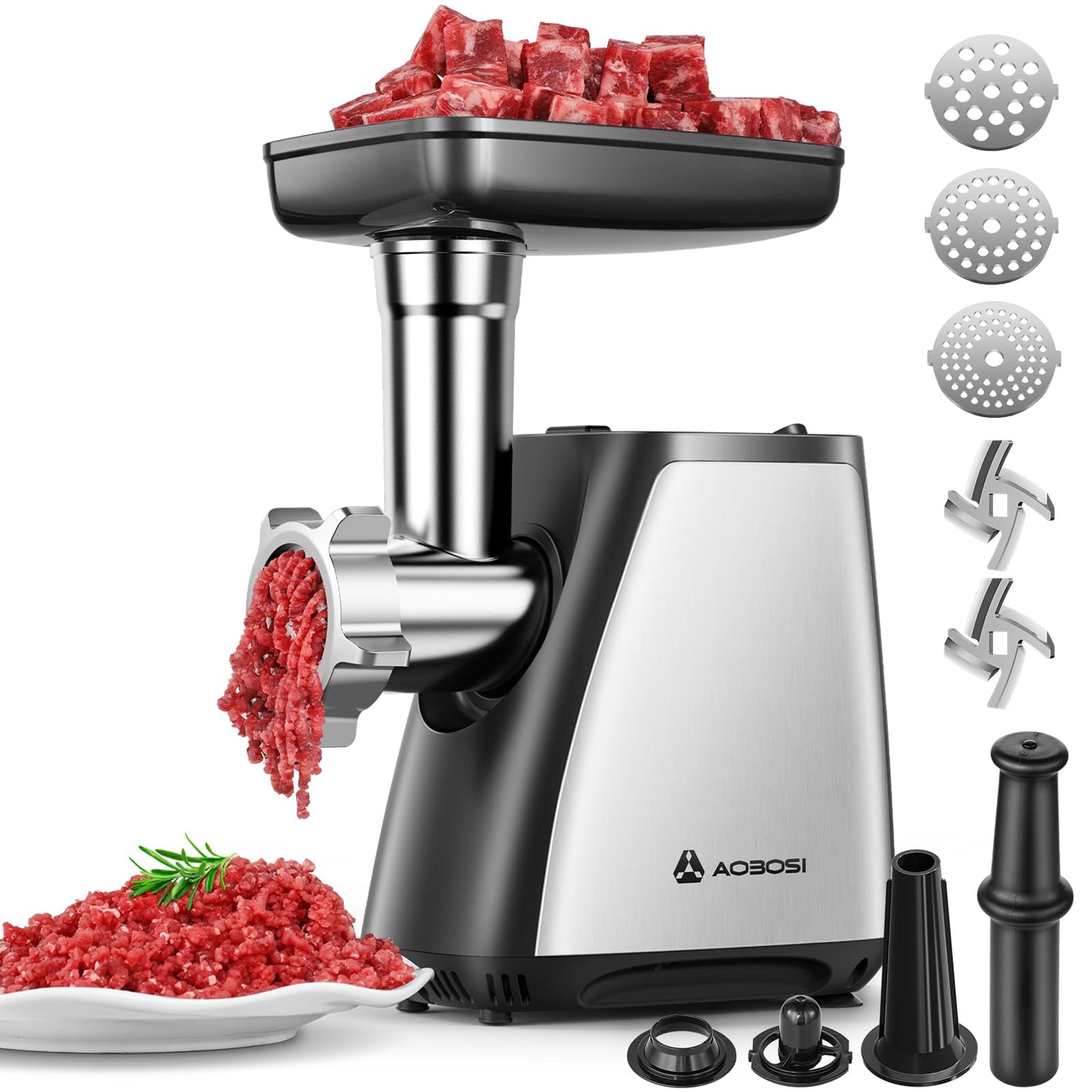 AAOBOSI Meat Grinder, 3-in-1 Meat Grinder Electric [2800W Max] with 2 Blades,4 Plates,Sausage Stuffer,Kubbe Kit, for Home Kitchen Use, Stainless Steel
