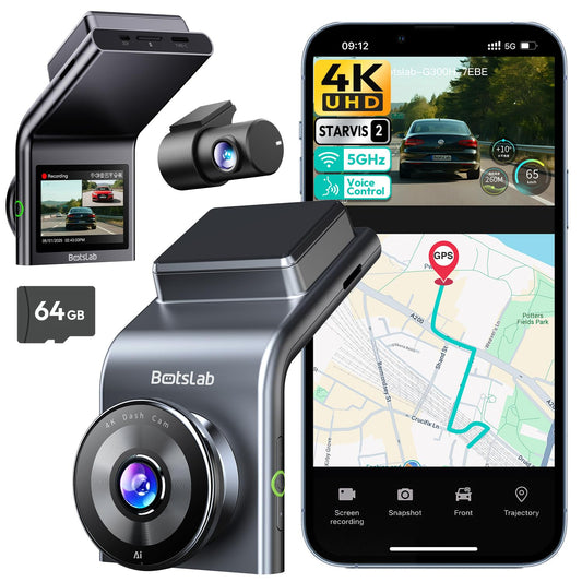 BOTSLAB 4K Dual Dash Cam Front and Rear, STARVIS 2 Sensor, Voice Command, 64GB Card Included, 5GHz WiFi Dash Camera for Cars, Built in GPS, WDR Night Vision, 24H Parking Mode