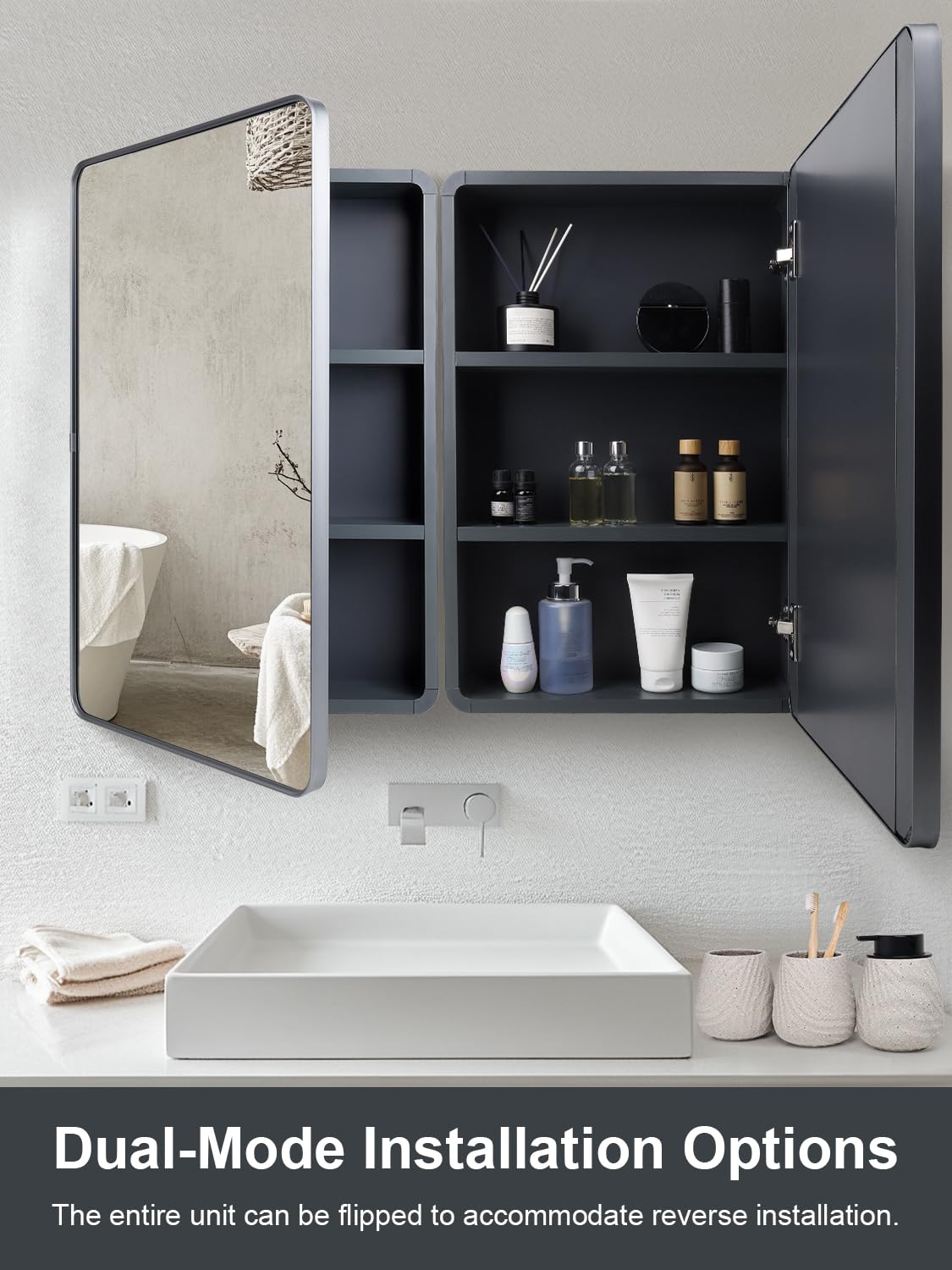 Avidanza 16x24 Inch Bathroom Medicine Cabinet with Mirror, Small Farmhouse Surface Cabinet with Soft-Close Hinges, Rounded Corner Aluminum Metal Vanity Frame & Glass, with 2 Toothbrush Holders (Grey)