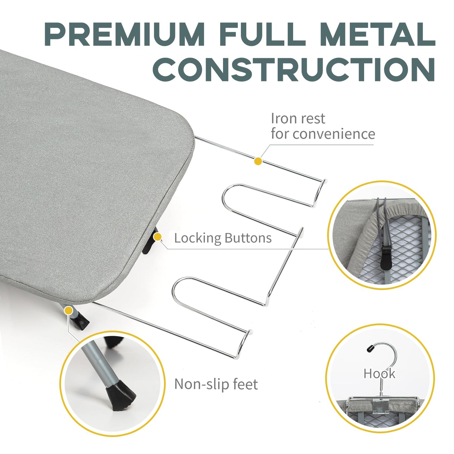 Metal Foldable Tabletop Ironing Board with Iron Rest, Portable Ironing Board Small with Heat Resistant Cotton Cover, RAINHOL Mini Iron Table for Small Space and Travel, 31"x12", Gray