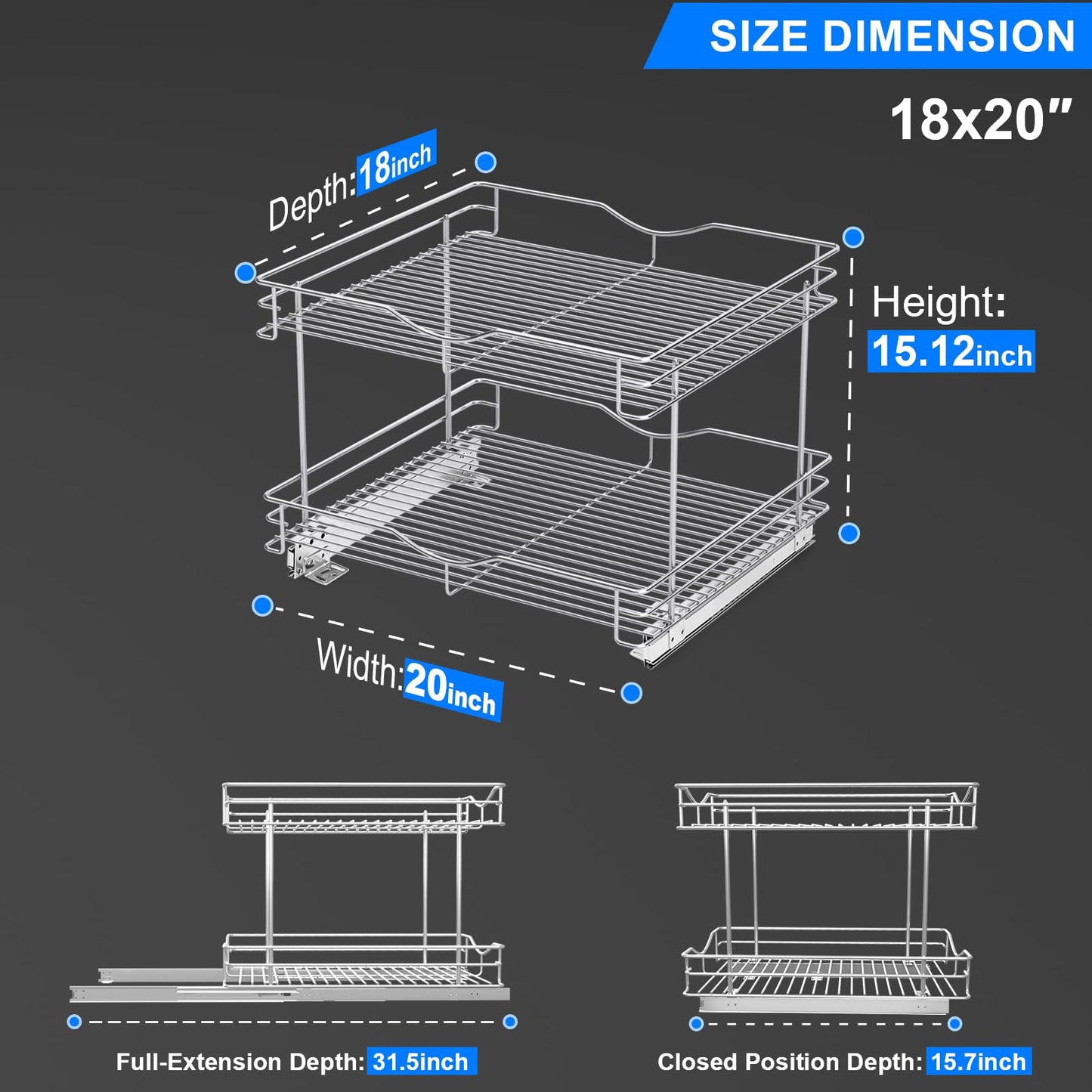 Fulgente 20"*18'' Chrome Finish Pull Out Cabinet Organizer - 2 Tier Heavy Duty Slide Out Kitchen Pantry Shelves, Rustproof Under Sink Storage Drawer for Kitchen & Bathroom