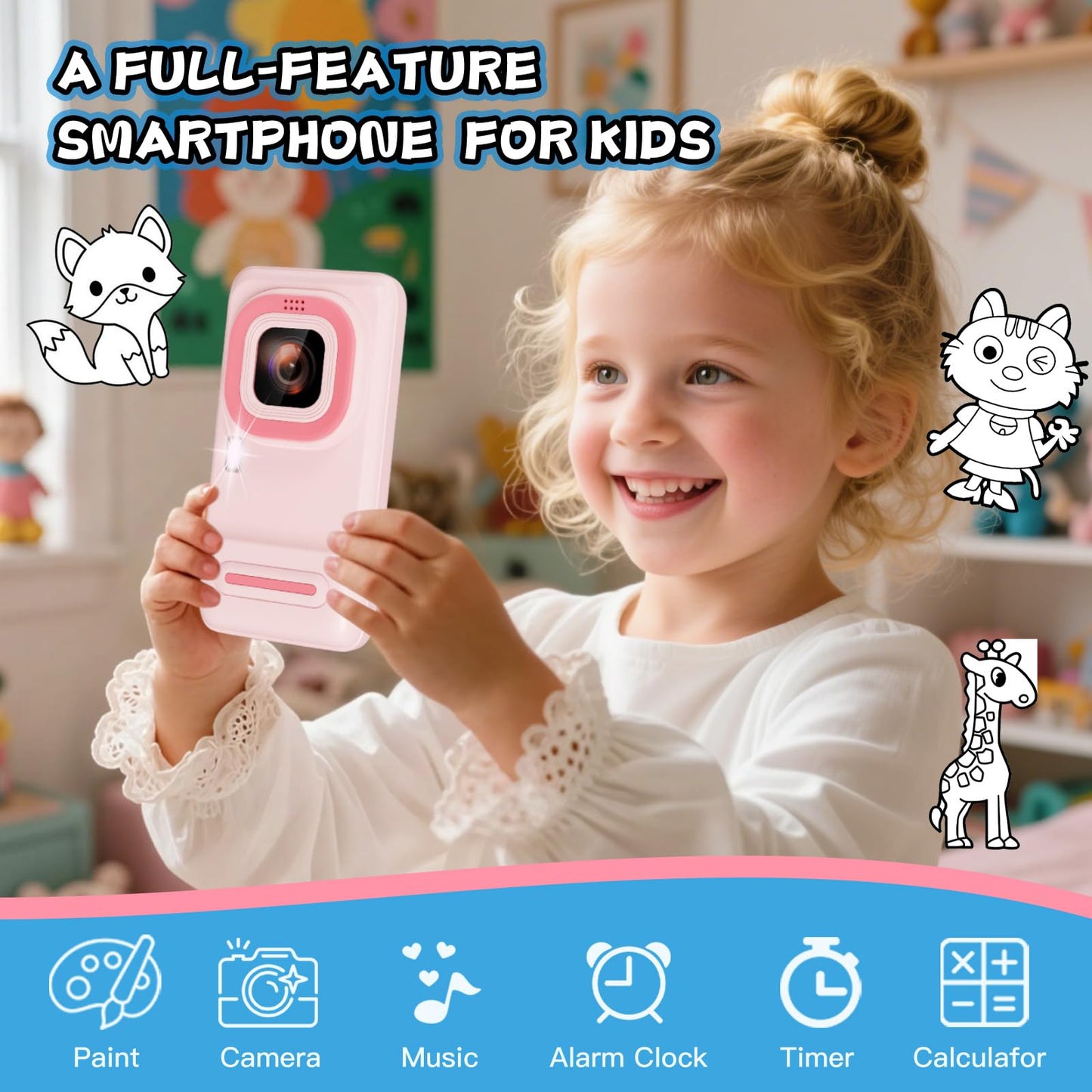 Ashfly Kids Phone,3.97" Touchscreen Toy Phone with Front Camera,8GB Kids Camera with Learning Games and Drawing,Birthday Christmas Toys Gifts for Ages 3 4 5 6 7 8 9 10 Children