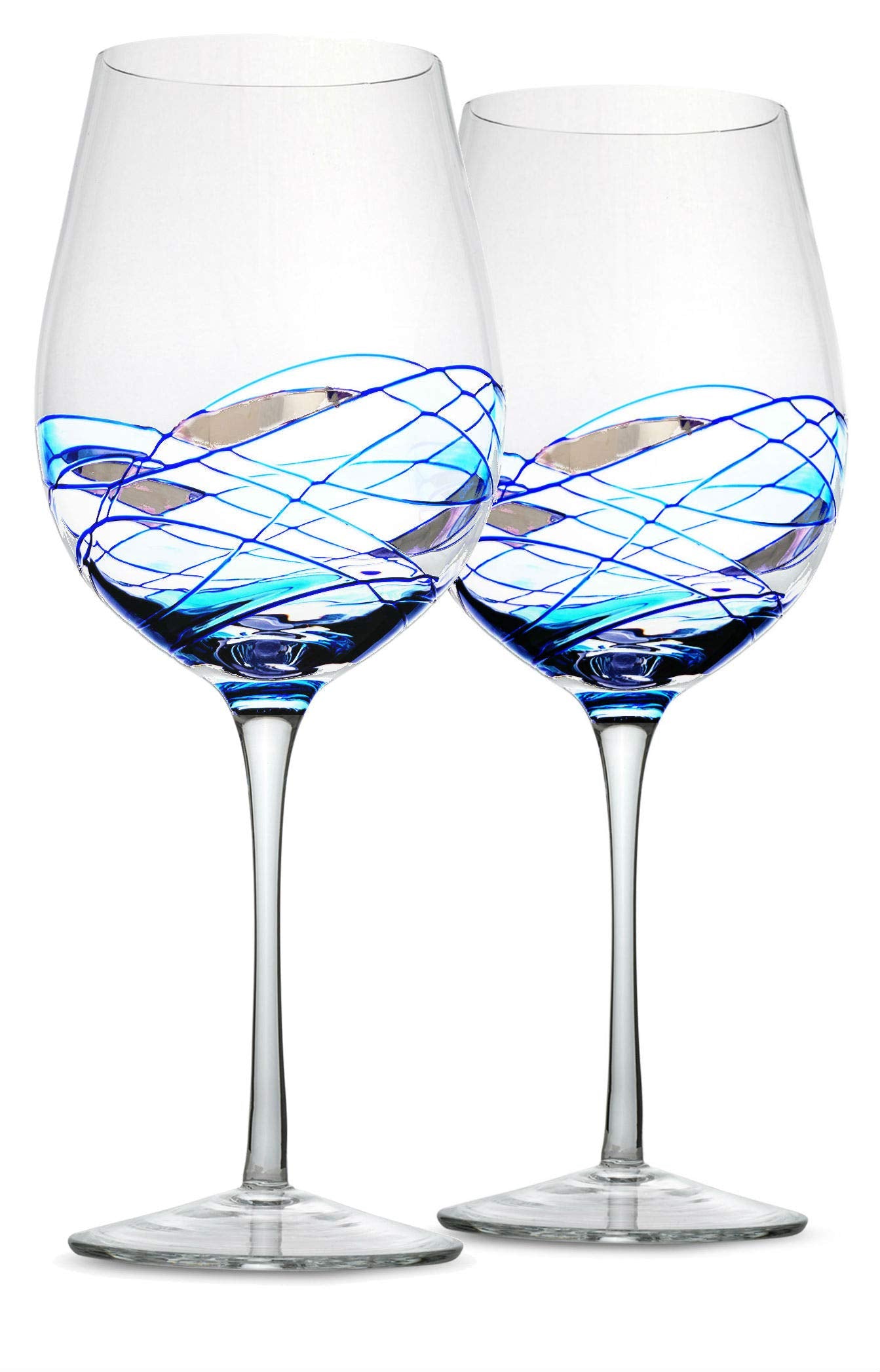 Bezrat Red Wine Glasses Set of 2, Hand Painted Wine Glass, Drinkware Essentials, 11" H, 28oz Wine Lover Large Glass, Glassware Gifts Ideas for Women Inspired by 'Duomo di Milano' Mothers Day (Blue)