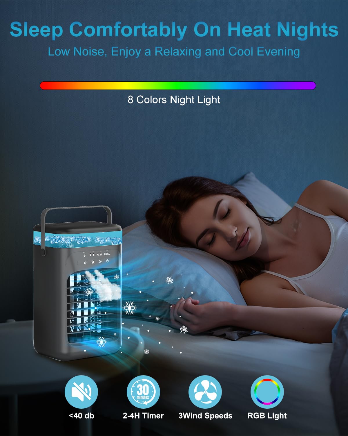Portable Air Conditioner, 4-in-1 Evaporative Air Cooler, Personal Cooling Fan with 3 Speeds, 2 Mist Modes, 7 LED Night Light, 2-4H Timer