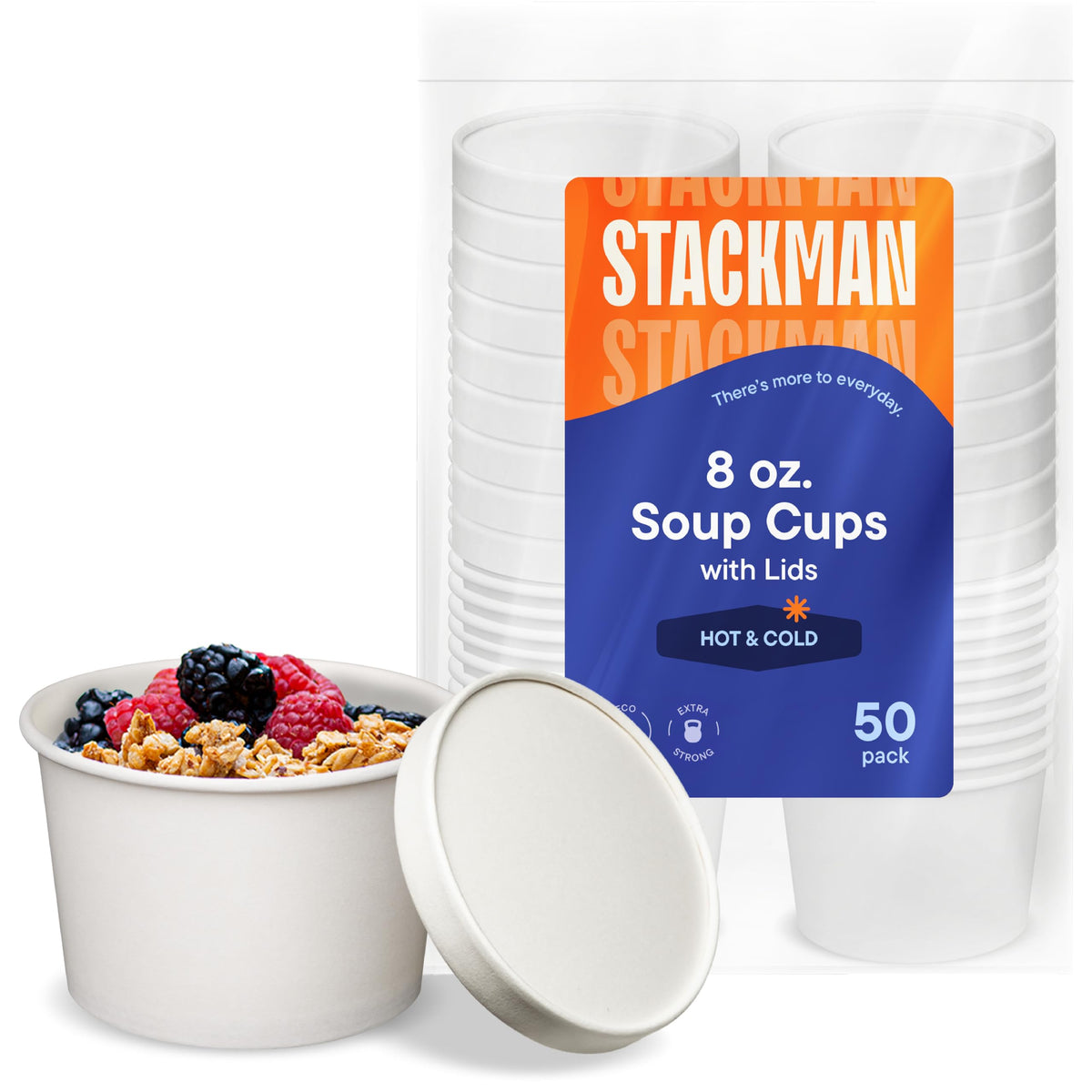 [8 oz. - 50 Sets] Paper Food Container with Lid, Insulated Paper Food Cup with Paper Vented Lid, Hot or Cold to Go Containers, Soup Container, Ice Cream Cup, Yogurt Cup, Eco-Friendly White Container