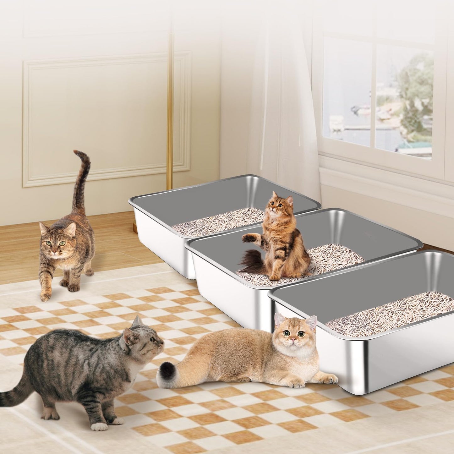 Bartuke 3 Pack Stainless Steel Litter Box, 50x 35x 15cm Large Metal High Sided Cat Litter Pan, Stainless Steel Box Splash-Proof and Non-Stick Cat Poop Box odorless