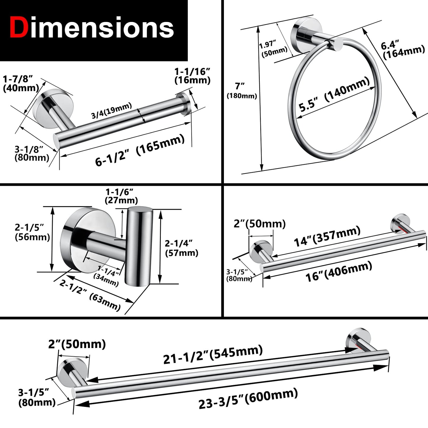 6 Pieces Polished Chrome Bathroom Hardware Accessories Set Hand Towel Ring 18&23.6 inch Round Towel Bar Silver Toilet Paper Holder Towel Hooks 2 Pieces SUS 304 Stainless Steel,Heavy Duty,Wall Mounted…