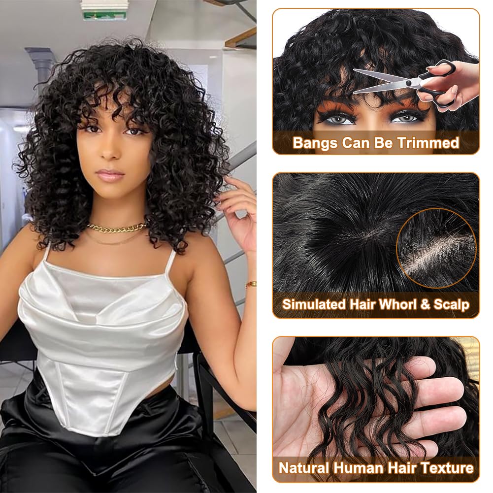 ALISFEEL Short Water Wave Human Hair Wig with Bangs Brazilian Non Lace Front Wig Human Hair for Black Women 150% Density Natural Black Glueless Curly Bob Wigs with Bangs (12 Inch)